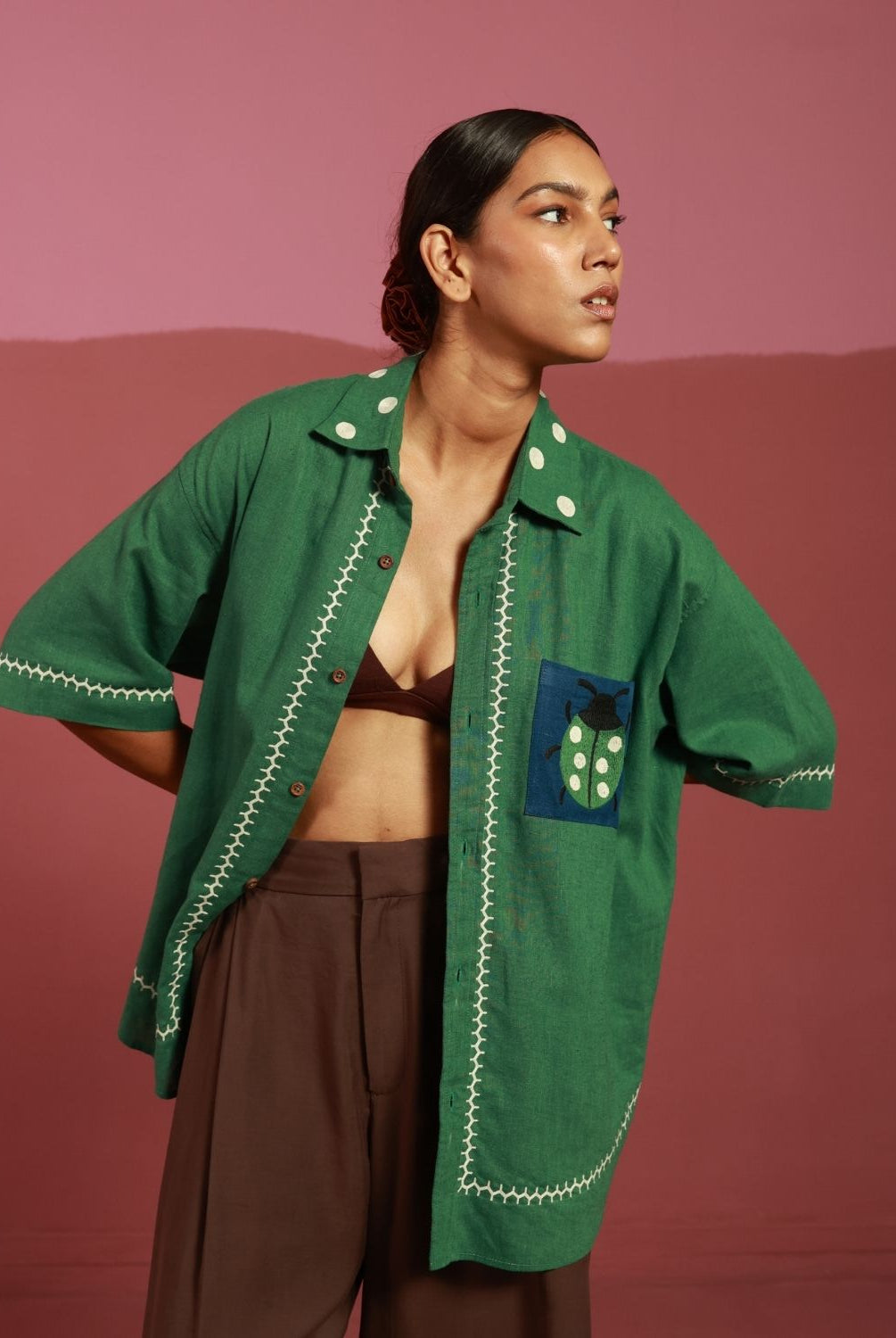 Winglore - Green Hand Embroiderd Pure Linen Ladybug Oversized Shirt - CiceroniUnisex ShirtsWinglore