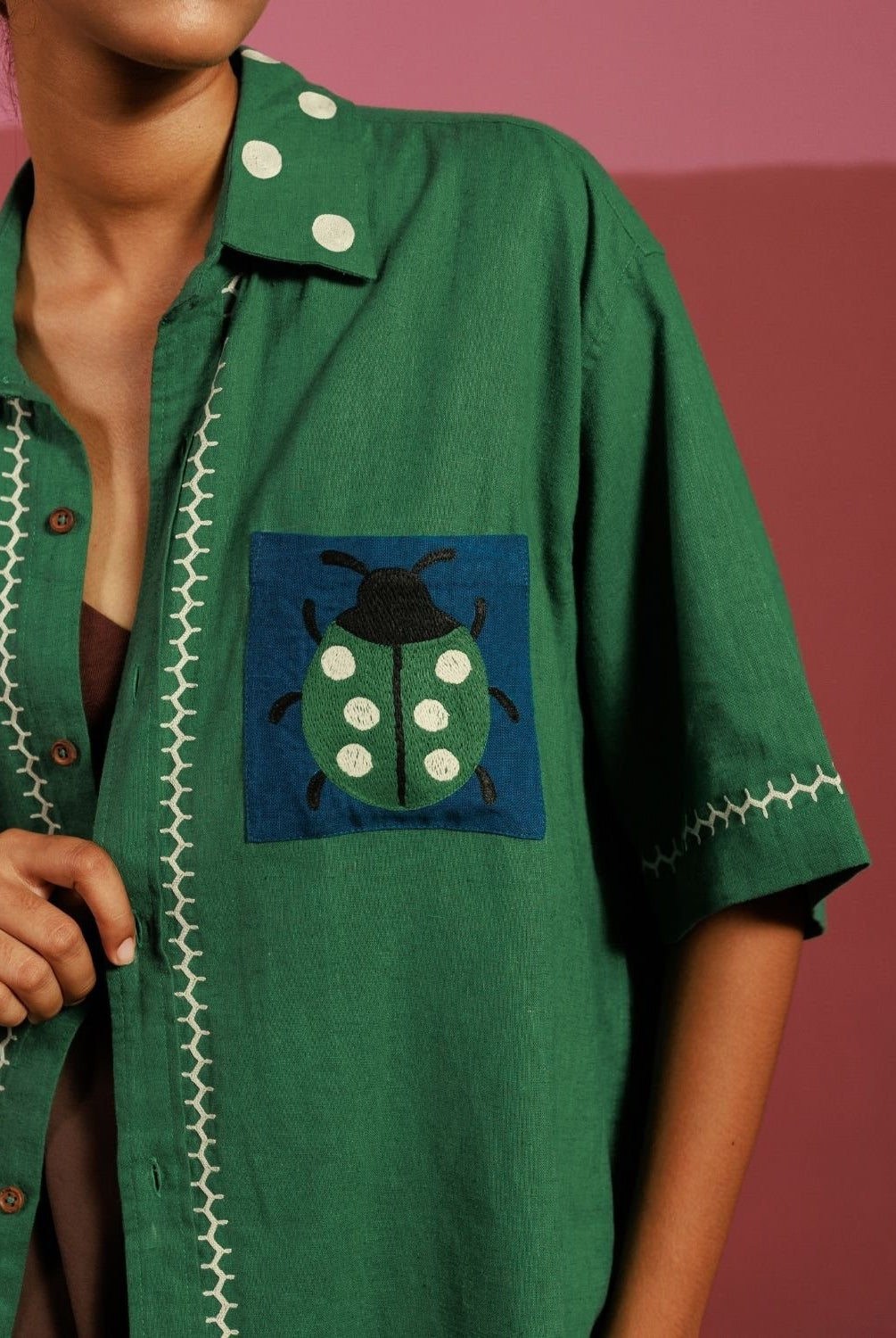 Winglore - Green Hand Embroiderd Pure Linen Ladybug Oversized Shirt - CiceroniUnisex ShirtsWinglore