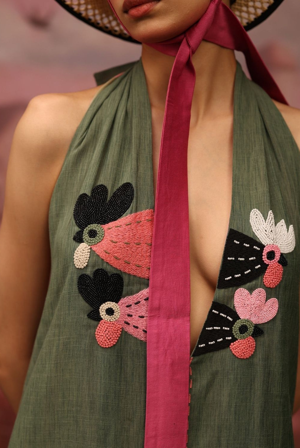 Winglore - Green Hand Embroiderd Slub Cotton Hens Tunic Halter Top - CiceroniTopsWinglore