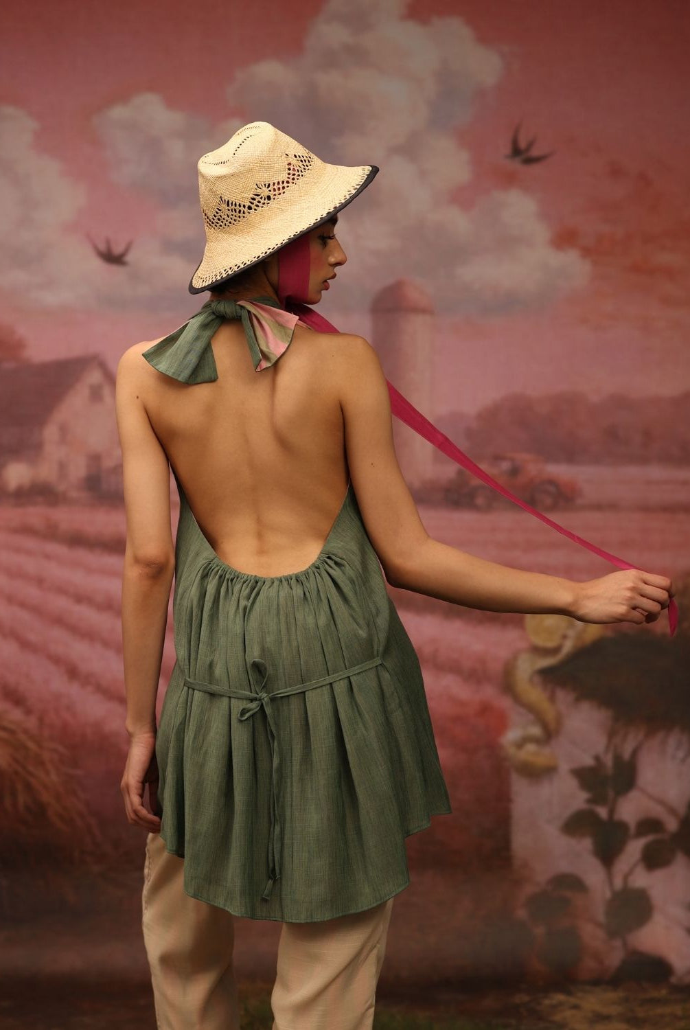 Winglore - Green Hand Embroiderd Slub Cotton Hens Tunic Halter Top - CiceroniTopsWinglore