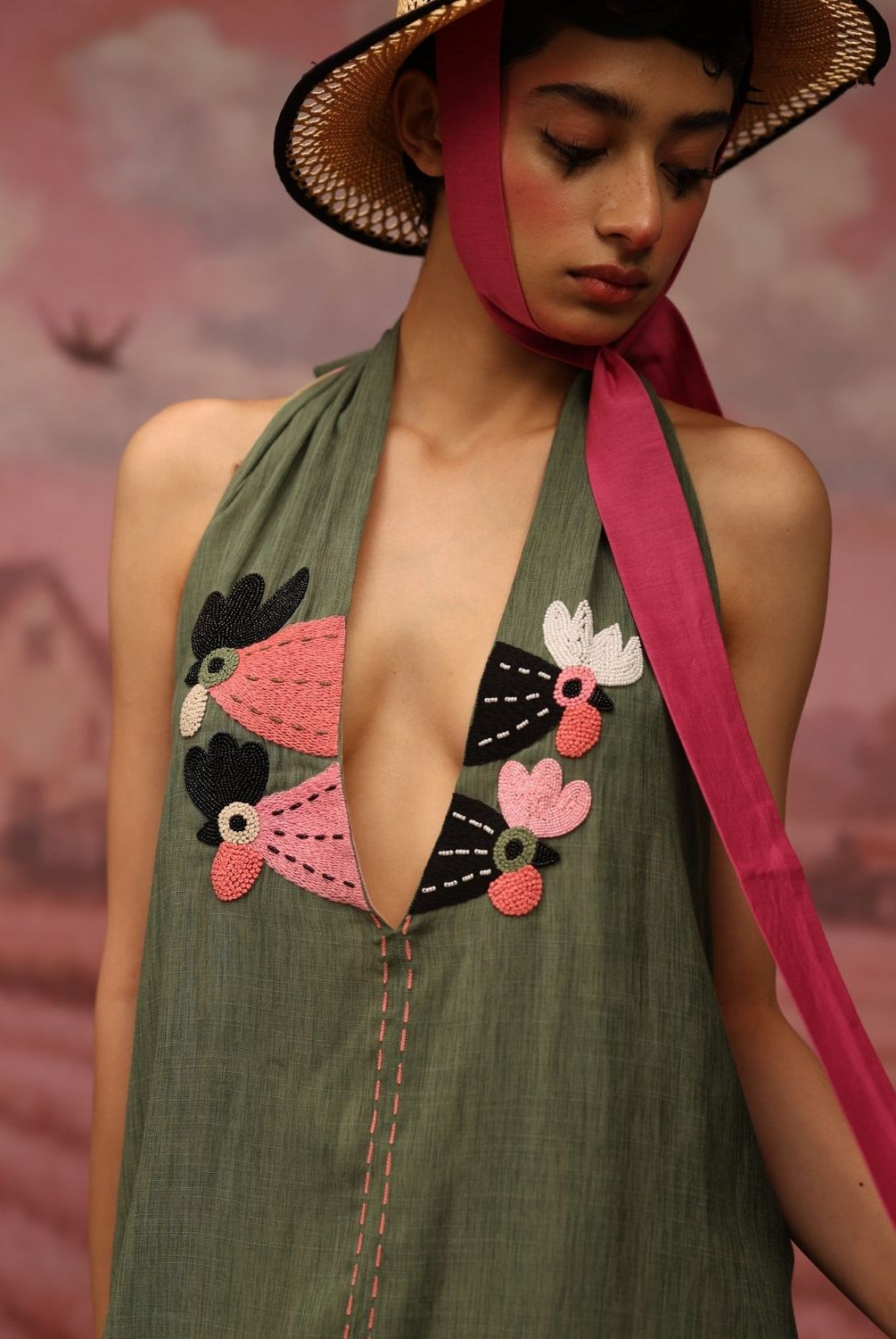 Winglore - Green Hand Embroiderd Slub Cotton Hens Tunic Halter Top - CiceroniTopsWinglore