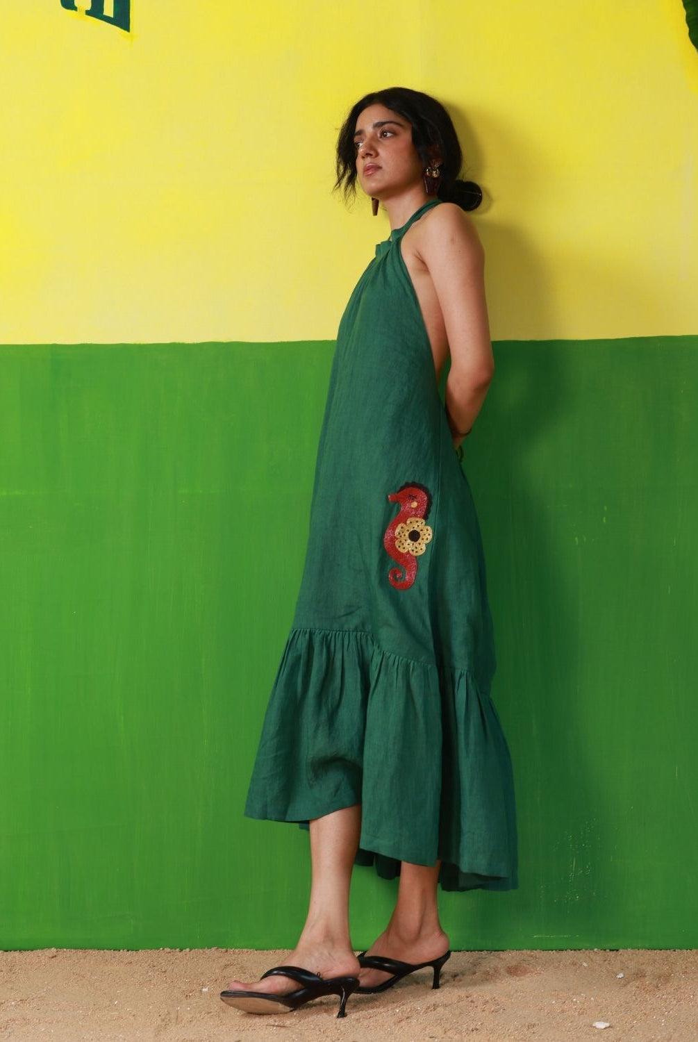 Winglore - Green Linen Hand Embroidered Halter Tent Dress - CiceroniDressesWinglore