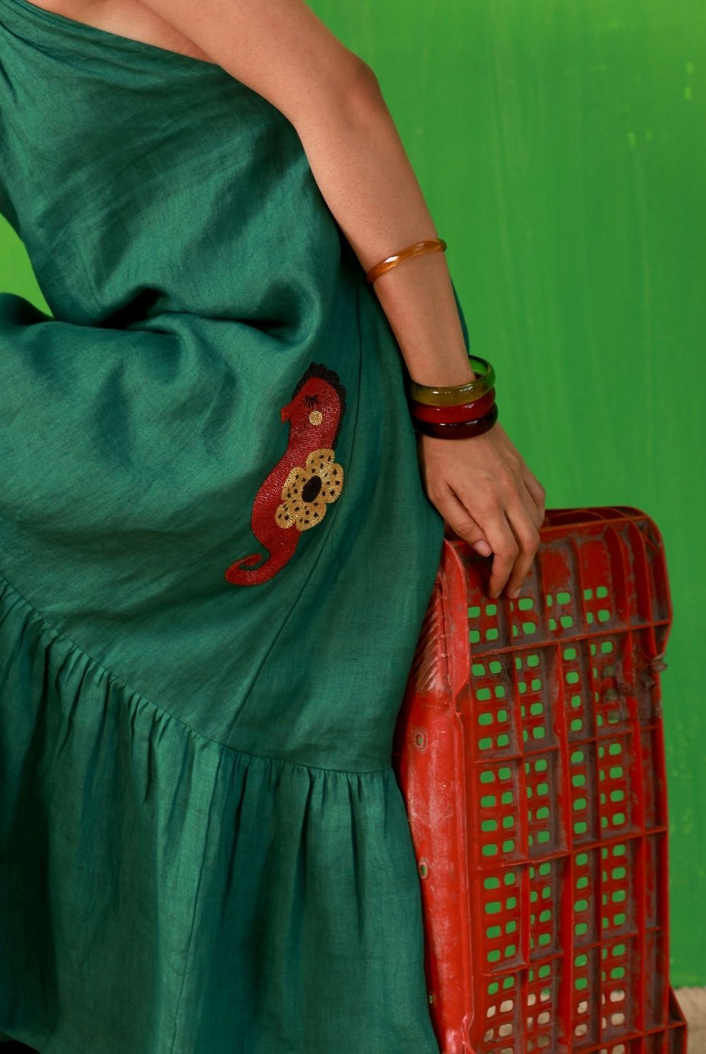 Winglore - Green Linen Hand Embroidered Halter Tent Dress - CiceroniDressesWinglore