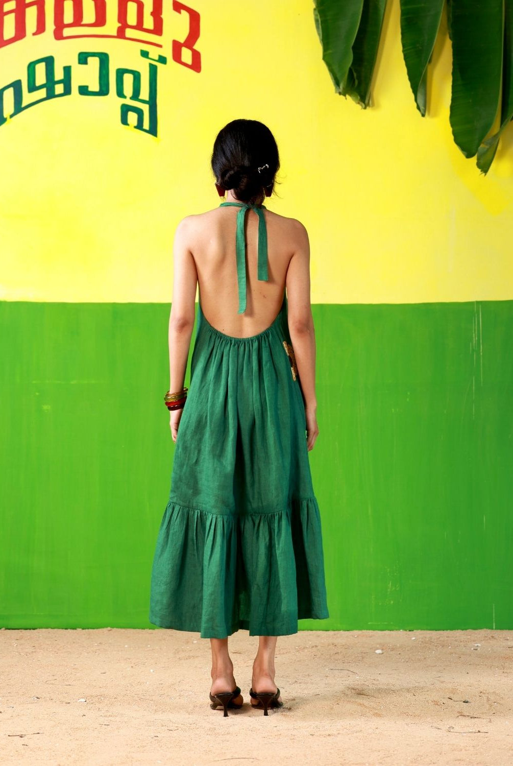 Winglore - Green Linen Hand Embroidered Halter Tent Dress - CiceroniDressesWinglore