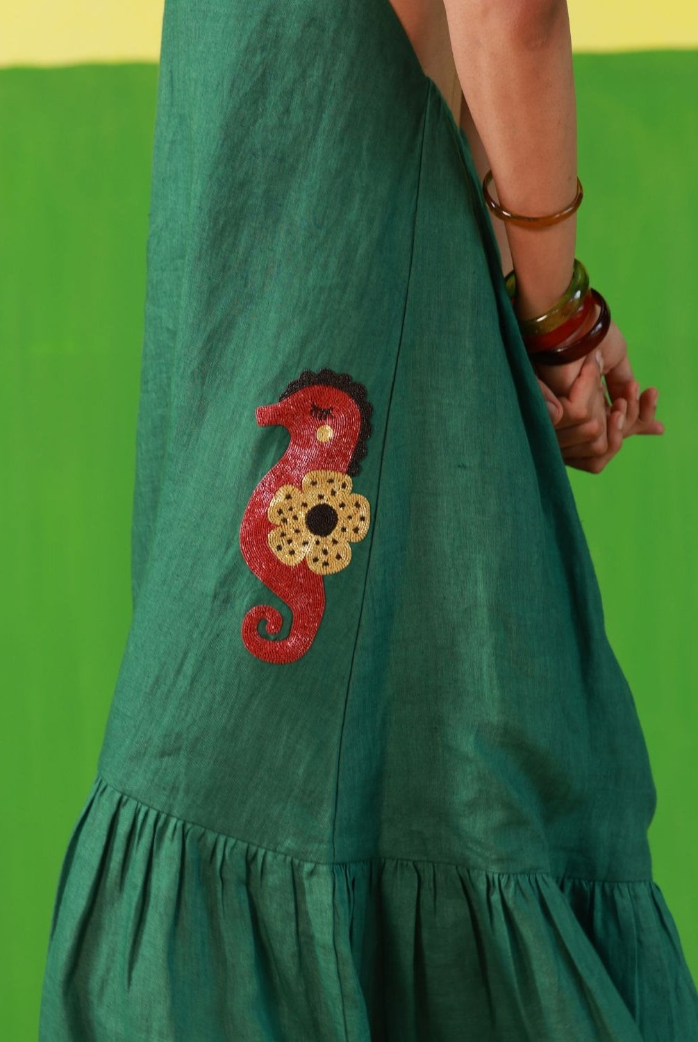 Winglore - Green Linen Hand Embroidered Halter Tent Dress - CiceroniDressesWinglore
