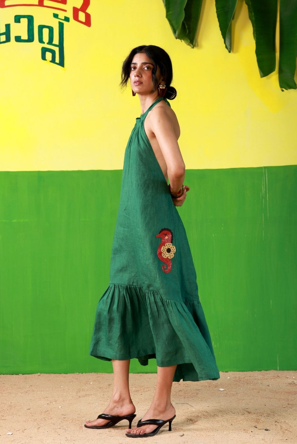 Winglore - Green Linen Hand Embroidered Halter Tent Dress - CiceroniDressesWinglore