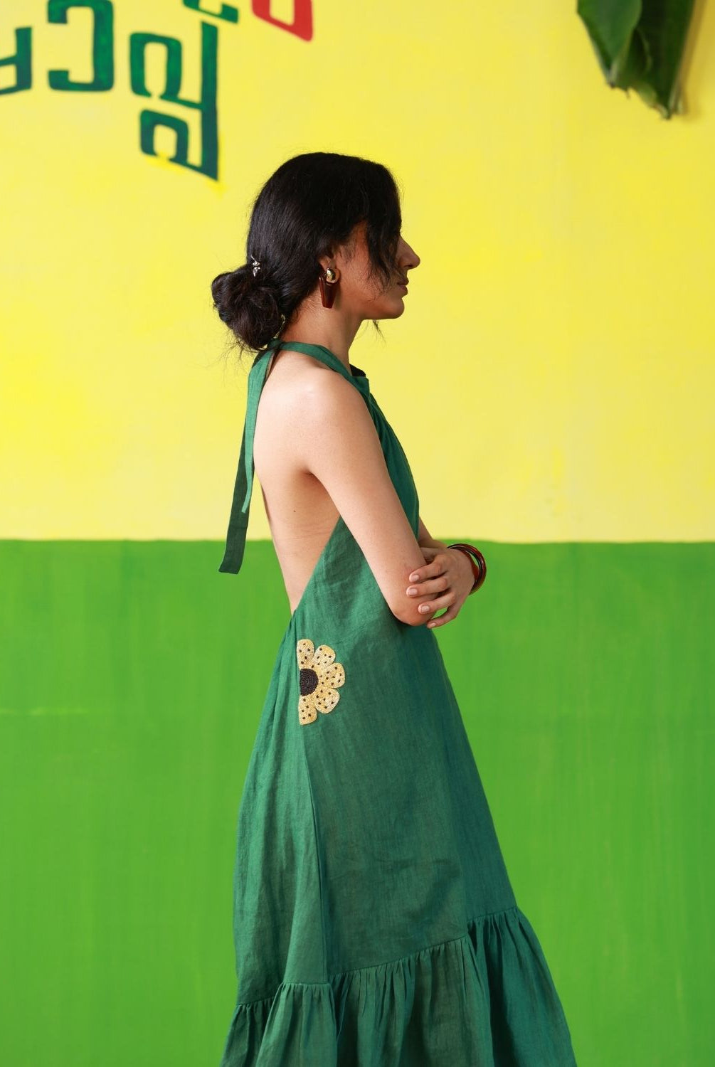Winglore - Green Linen Hand Embroidered Halter Tent Dress - CiceroniDressesWinglore