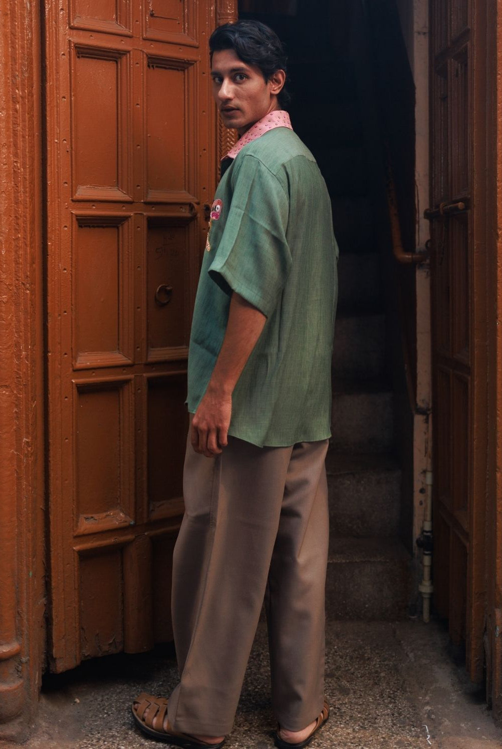 Winglore - Green Slub Cotton Hand-Embroidered Oversized Shirt - CiceroniUnisex ShirtsWinglore