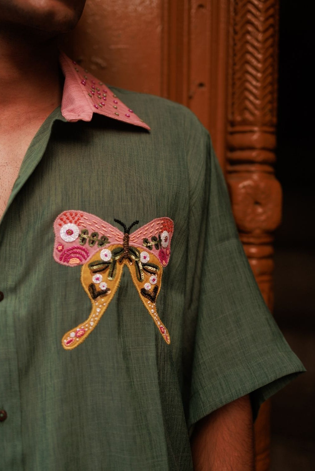 Winglore - Green Slub Cotton Hand-Embroidered Oversized Shirt - CiceroniUnisex ShirtsWinglore