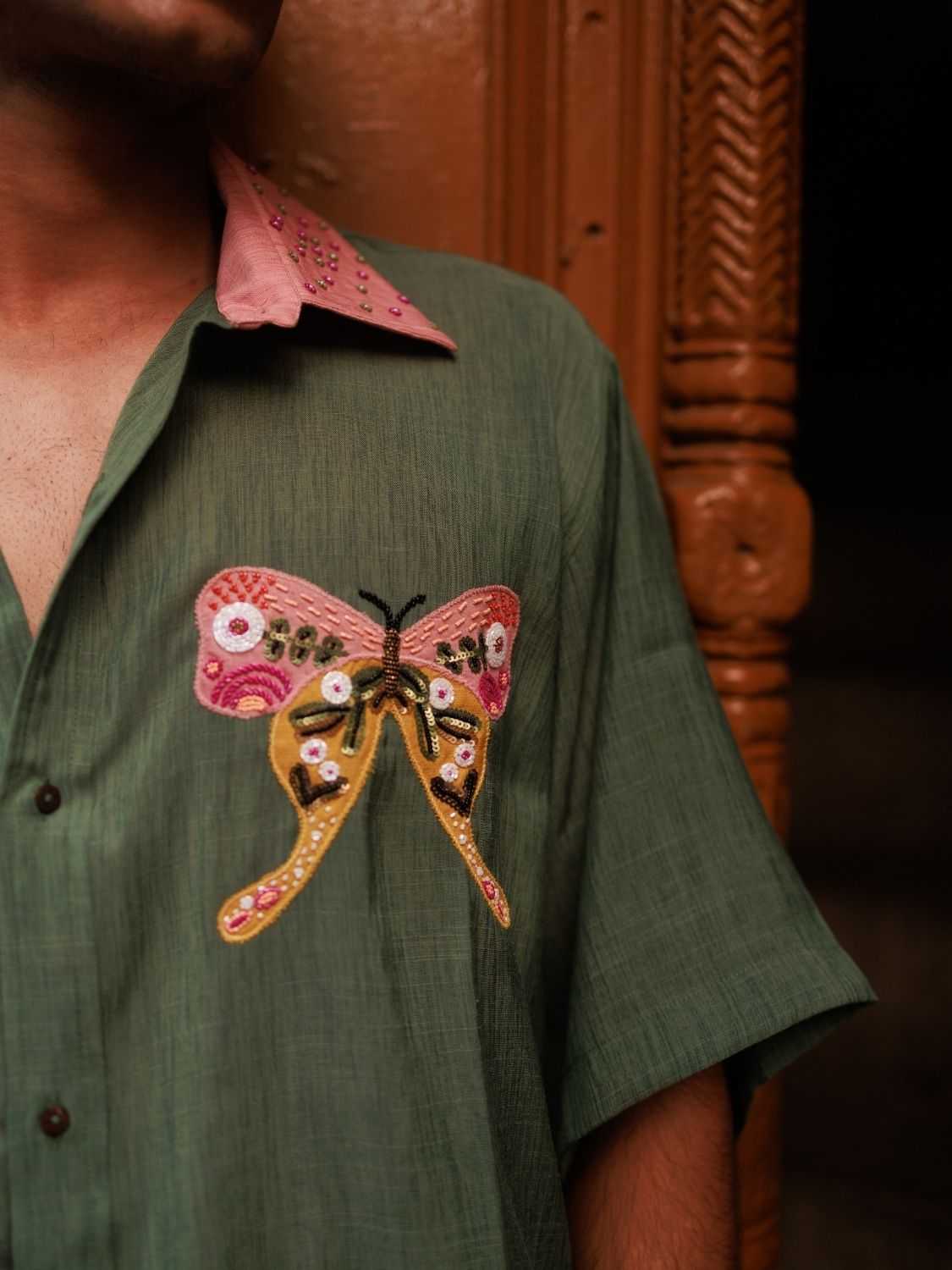 Winglore - Green Slub Cotton Hand-Embroidered Oversized Shirt - CiceroniUnisex ShirtsWinglore