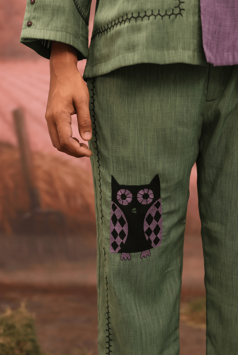 Winglore - Half and half: The Green Edition Owls Hand Embroidered Shirt & Pants - CiceroniCo-ord setWinglore