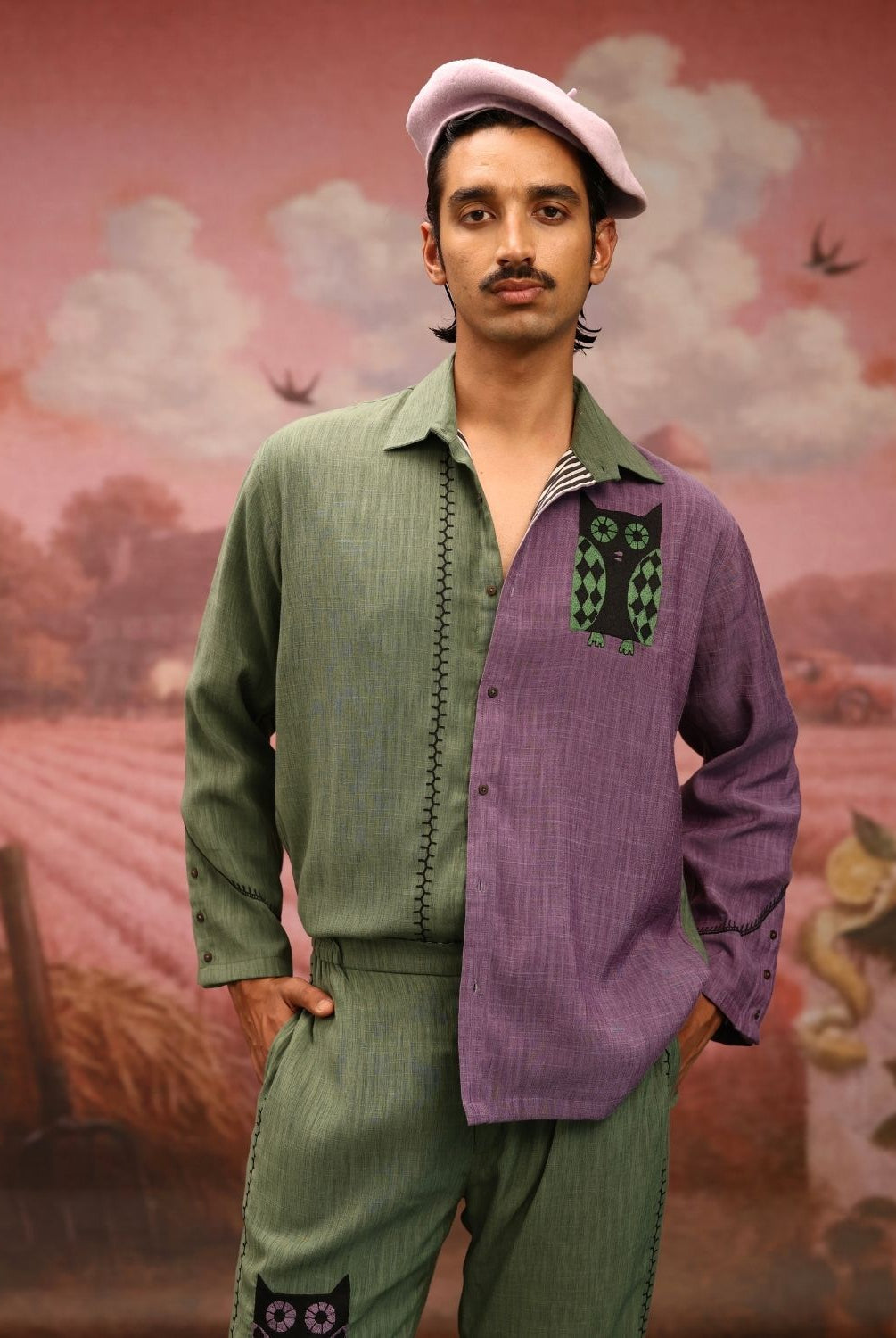 Winglore - Half and half: The Green Edition Owls Hand Embroidered Shirt & Pants - CiceroniCo-ord setWinglore