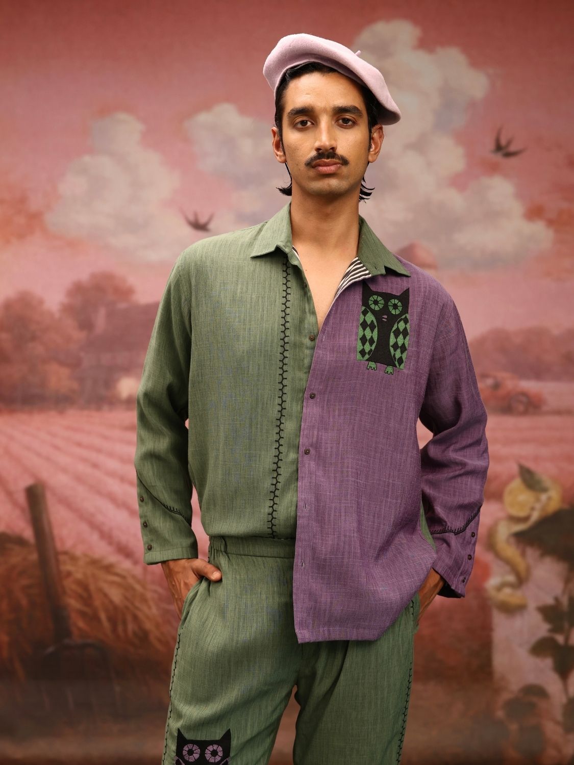 Winglore - Half and half: The Green Edition Owls Hand Embroidered Shirt & Pants - CiceroniCo-ord setWinglore