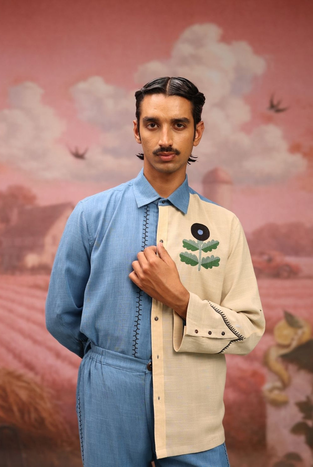 Winglore - Half & half: Blue flower Hand Embroidered Shirt & Pants - CiceroniCo-ord setWinglore
