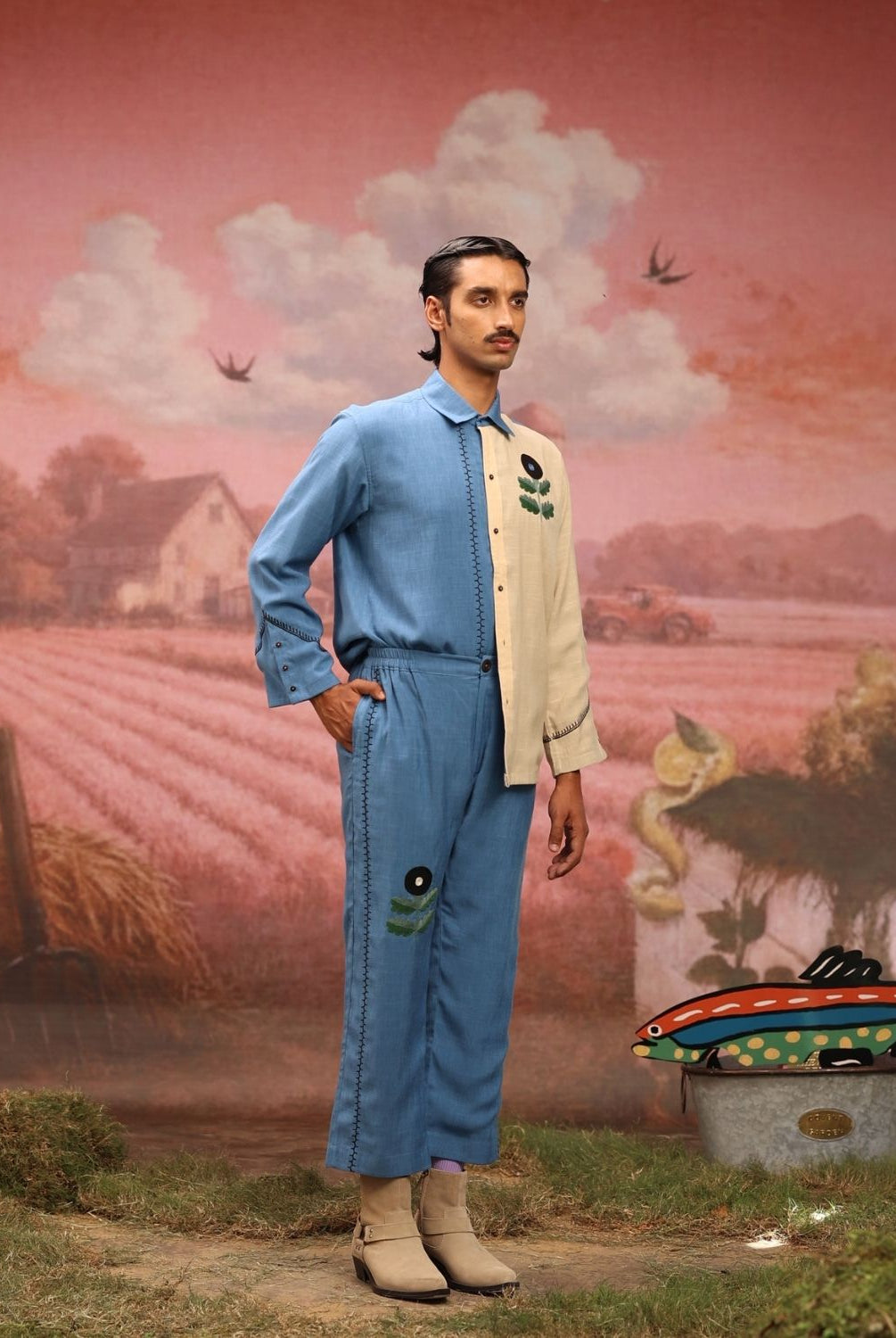Winglore - Half & half: Blue flower Hand Embroidered Shirt & Pants - CiceroniCo-ord setWinglore