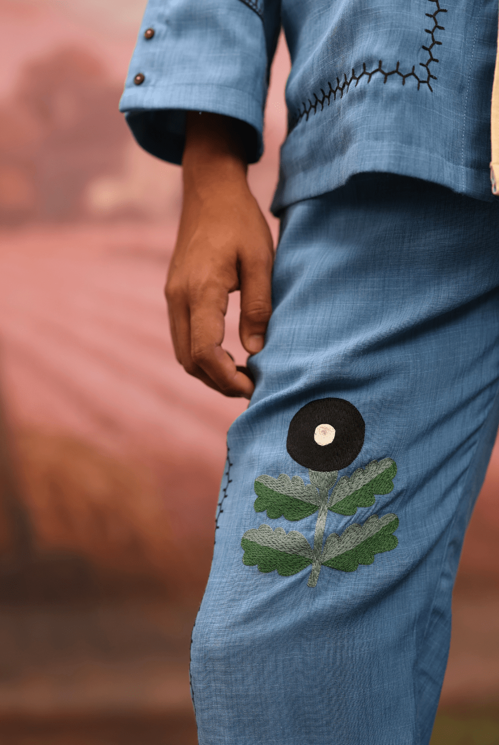 Winglore - Half & half: Blue flower Hand Embroidered Shirt & Pants - CiceroniCo-ord setWinglore