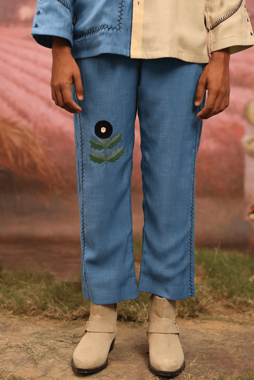 Winglore - Half & half: Blue flower Hand Embroidered Shirt & Pants - CiceroniCo-ord setWinglore