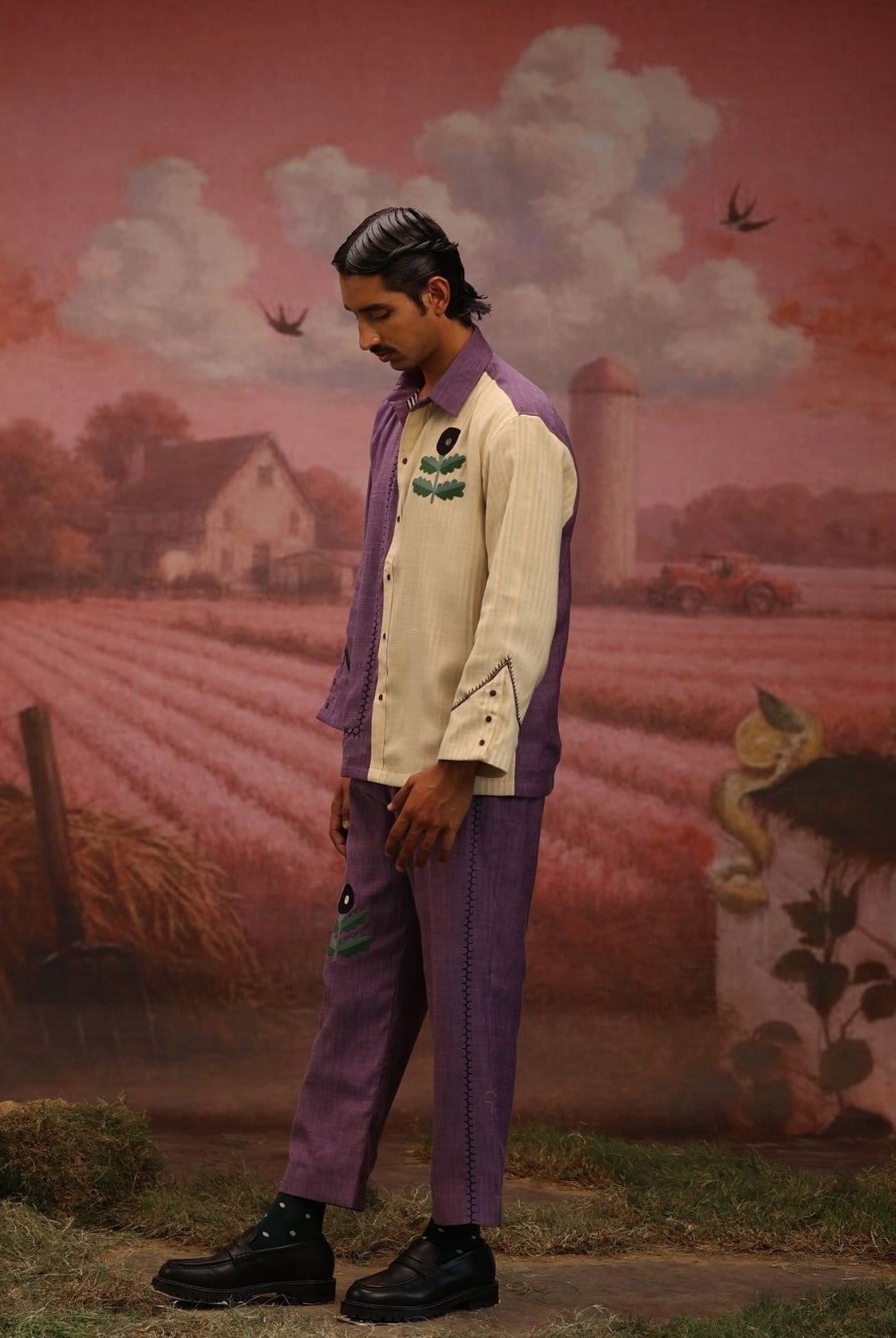 Winglore - Half & Half: Purple flower Hand Embroidered Shirt & Pants - CiceroniCo-ord setWinglore