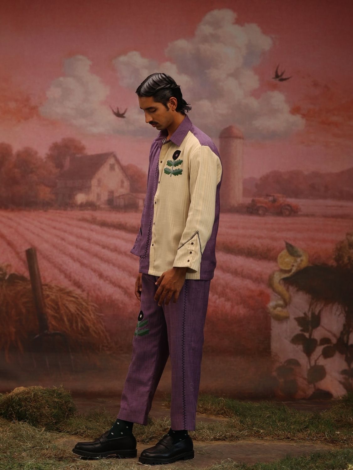 Winglore - Half & Half: Purple flower Hand Embroidered Shirt & Pants - CiceroniCo-ord setWinglore
