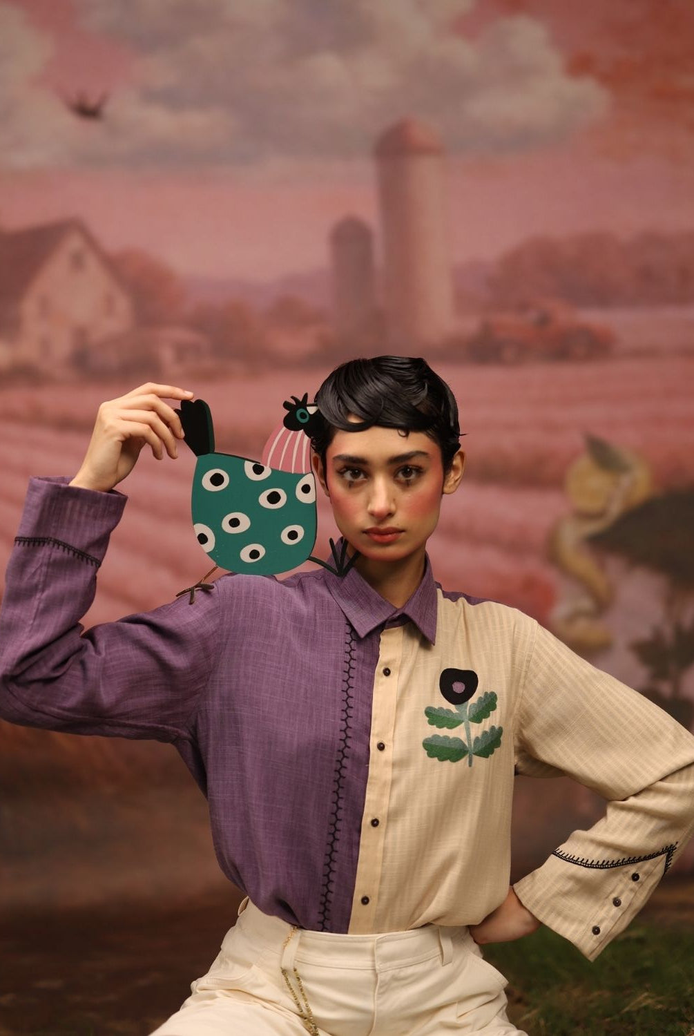 Winglore - Half & Half: Purple flower Hand Embroidered Shirt & Pants - CiceroniCo-ord setWinglore