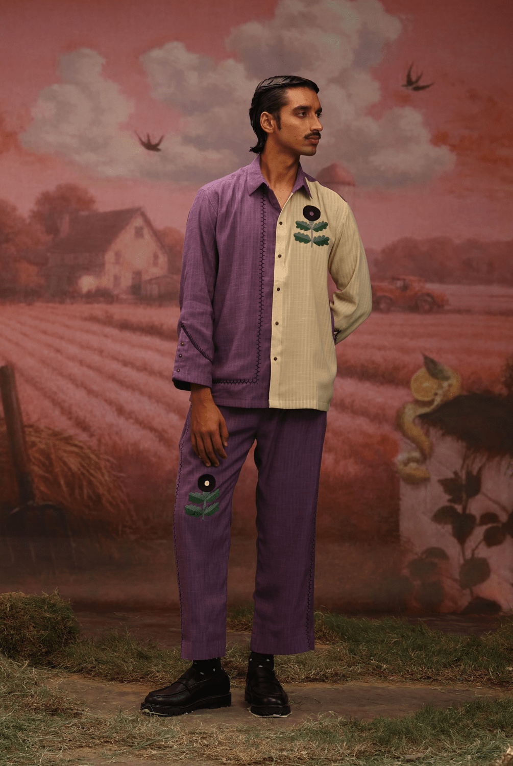 Winglore - Half & Half: Purple flower Hand Embroidered Shirt & Pants - CiceroniCo-ord setWinglore