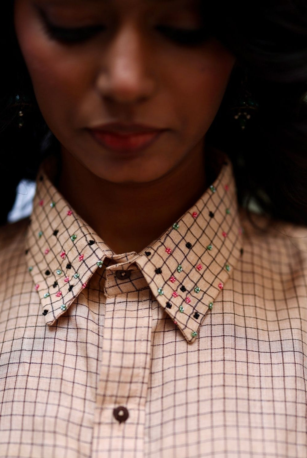 Winglore - Hand Embroiderd Kosa Silk Hooked on Checks Fish Oversized Shirt - CiceroniUnisex ShirtsWinglore