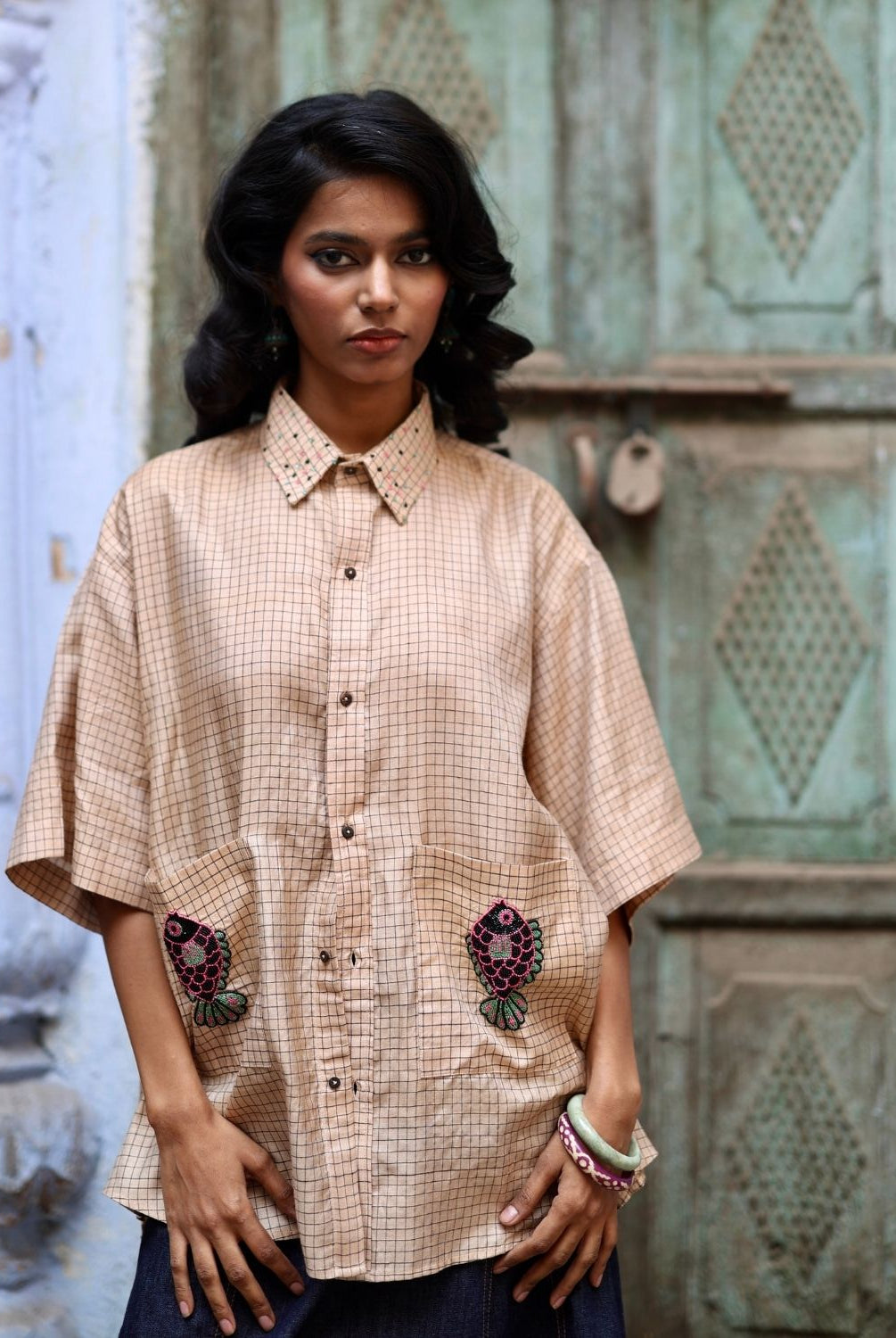 Winglore - Hand Embroiderd Kosa Silk Hooked on Checks Fish Oversized Shirt - CiceroniUnisex ShirtsWinglore