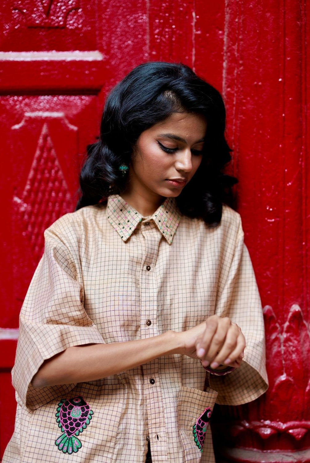 Winglore - Hand Embroiderd Kosa Silk Hooked on Checks Fish Oversized Shirt - CiceroniUnisex ShirtsWinglore