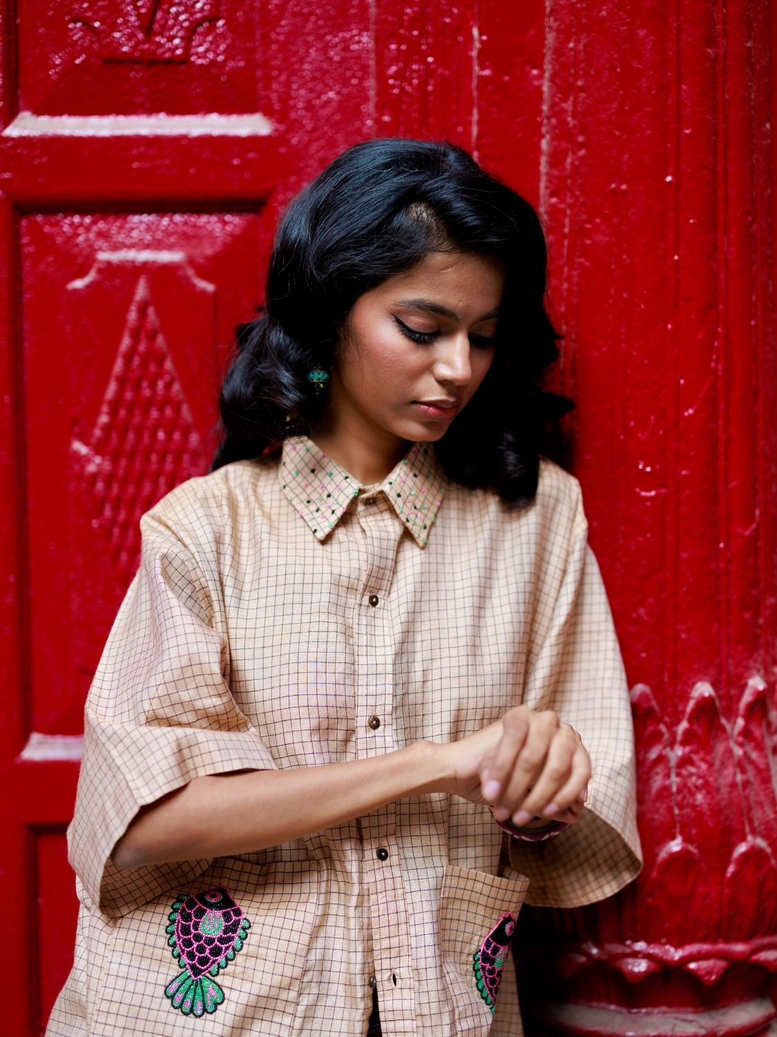 Winglore - Hand Embroiderd Kosa Silk Hooked on Checks Fish Oversized Shirt - CiceroniUnisex ShirtsWinglore