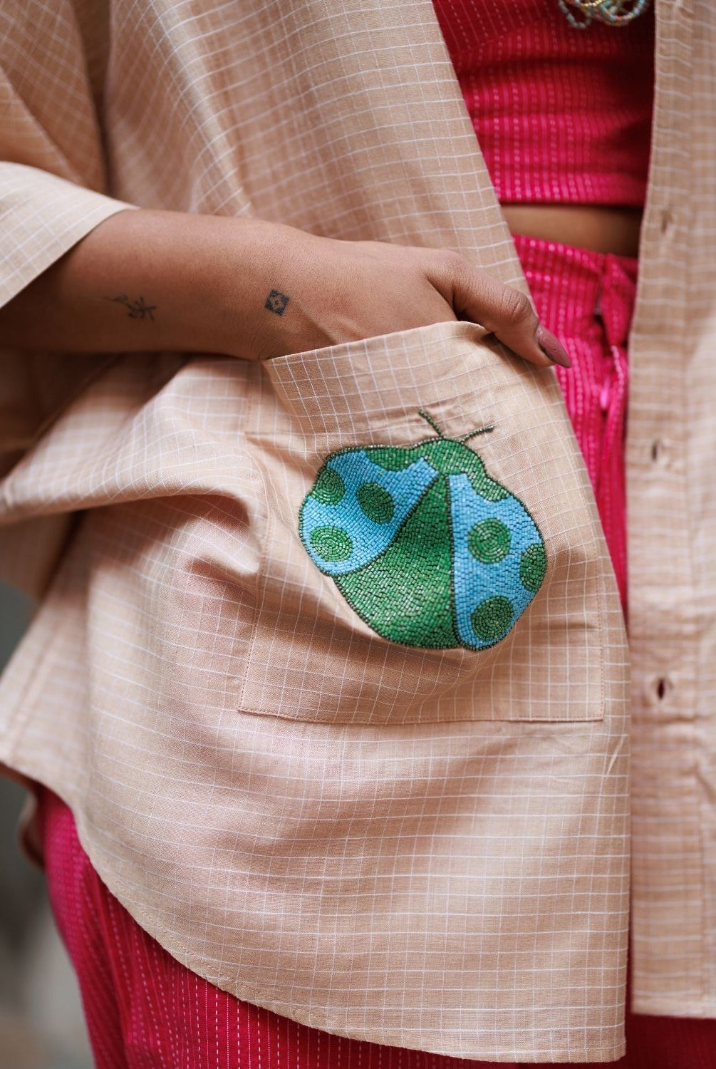 Winglore - Hand Embroiderd Kosa Silk Ladybug Luck Oversized Shirt - CiceroniUnisex ShirtsWinglore