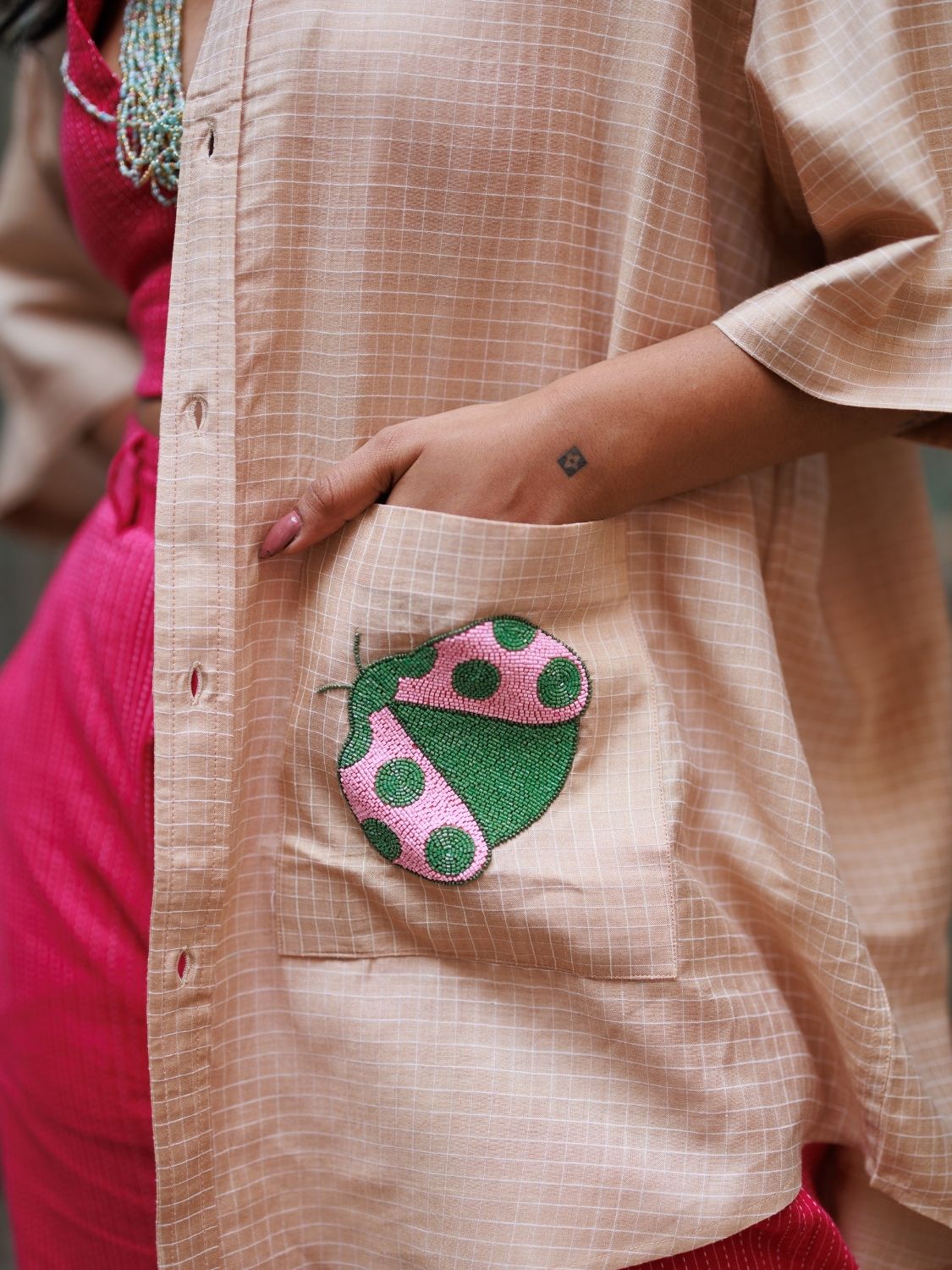 Winglore - Hand Embroiderd Kosa Silk Ladybug Luck Oversized Shirt - CiceroniUnisex ShirtsWinglore