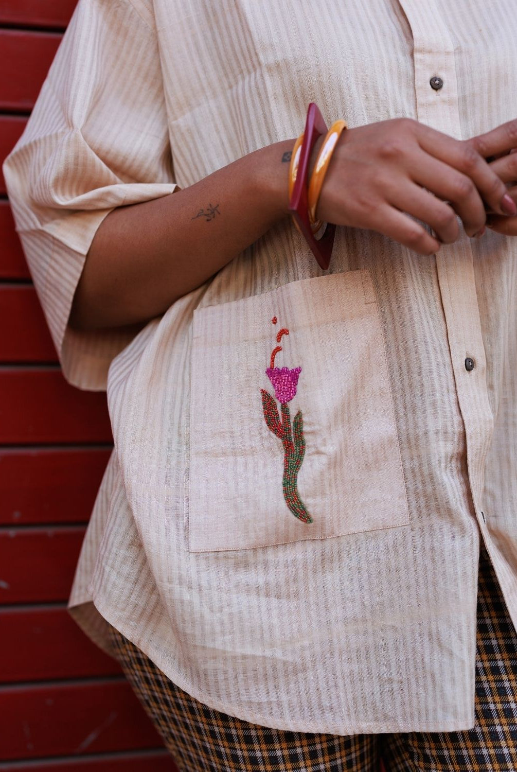 Winglore - Hand Embroiderd Kosa Silk Tulips Oversized Shirt - CiceroniUnisex ShirtsWinglore
