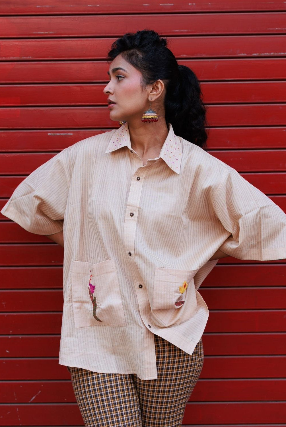 Winglore - Hand Embroiderd Kosa Silk Tulips Oversized Shirt - CiceroniUnisex ShirtsWinglore