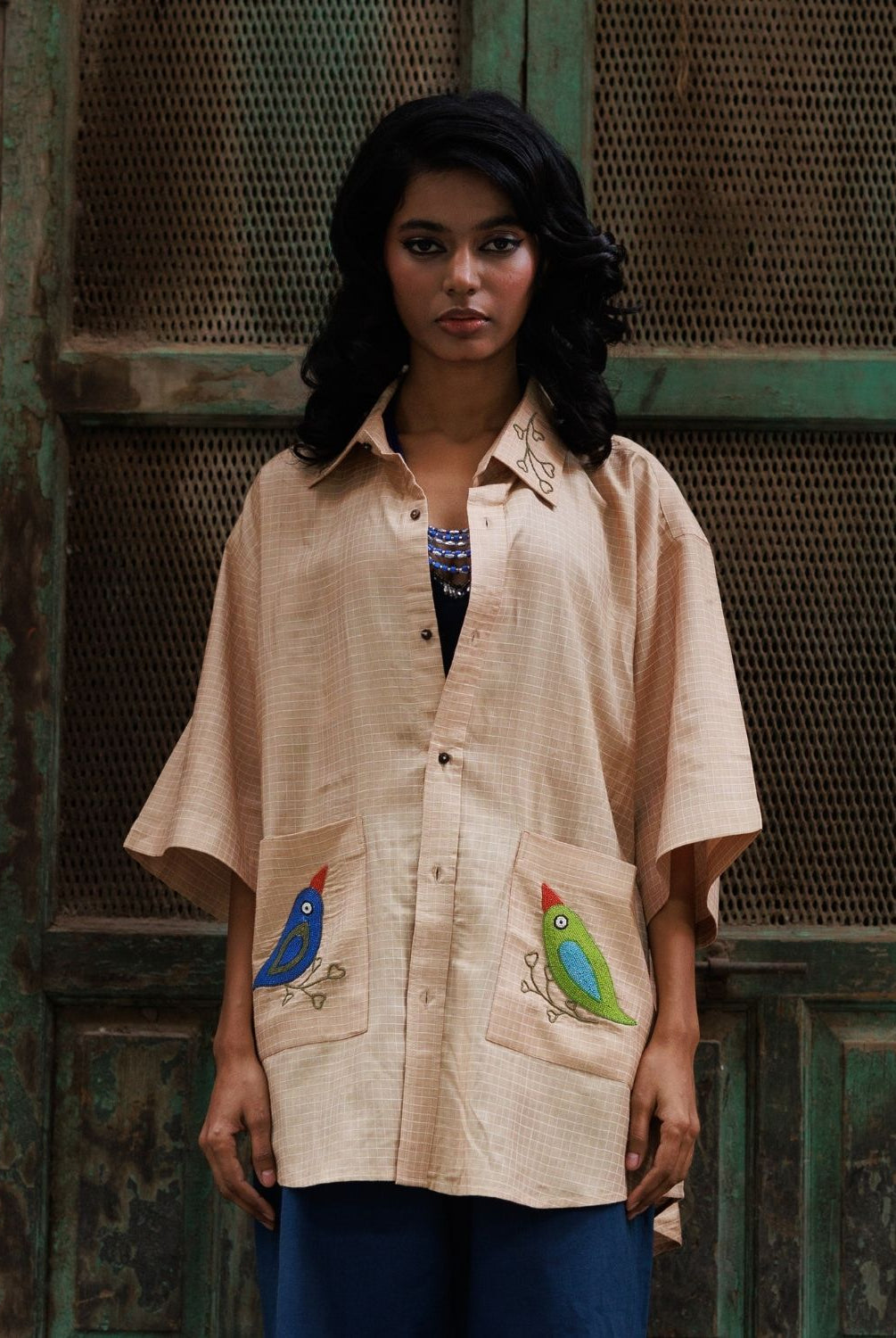 Winglore - Hand Embroiderd Kosa Silk Two-Birds Oversized Shirt - CiceroniUnisex ShirtsWinglore