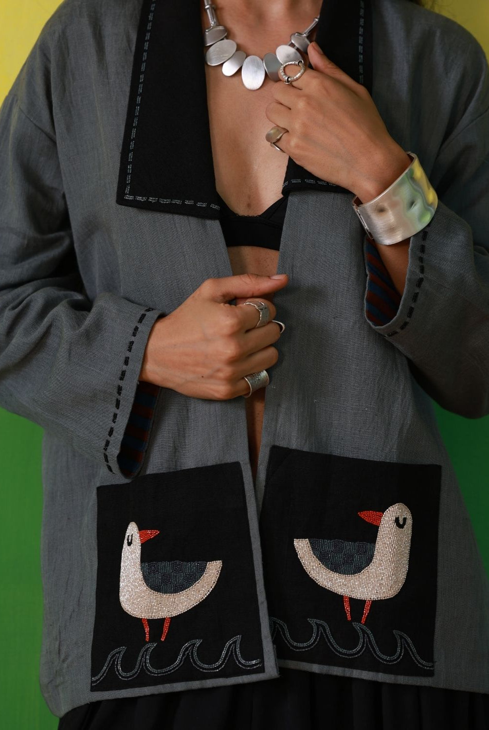 Winglore - Hand Embroidered Birds Linen Unisex Kimono Jacket - CiceroniJacketWinglore