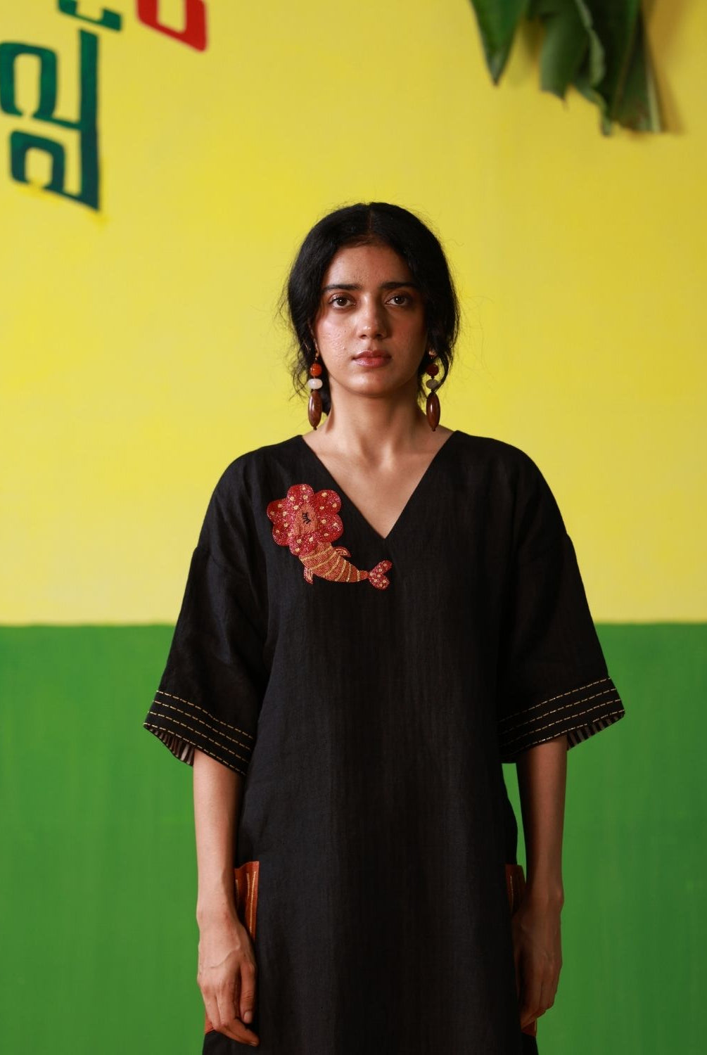 Winglore - Hand Embroidered Black Linen Kaftan Dress - CiceroniDressesWinglore