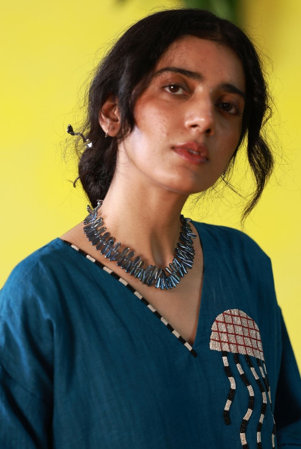 Winglore - Hand Embroidered Blue Linen Kaftan Dress - CiceroniDressesWinglore