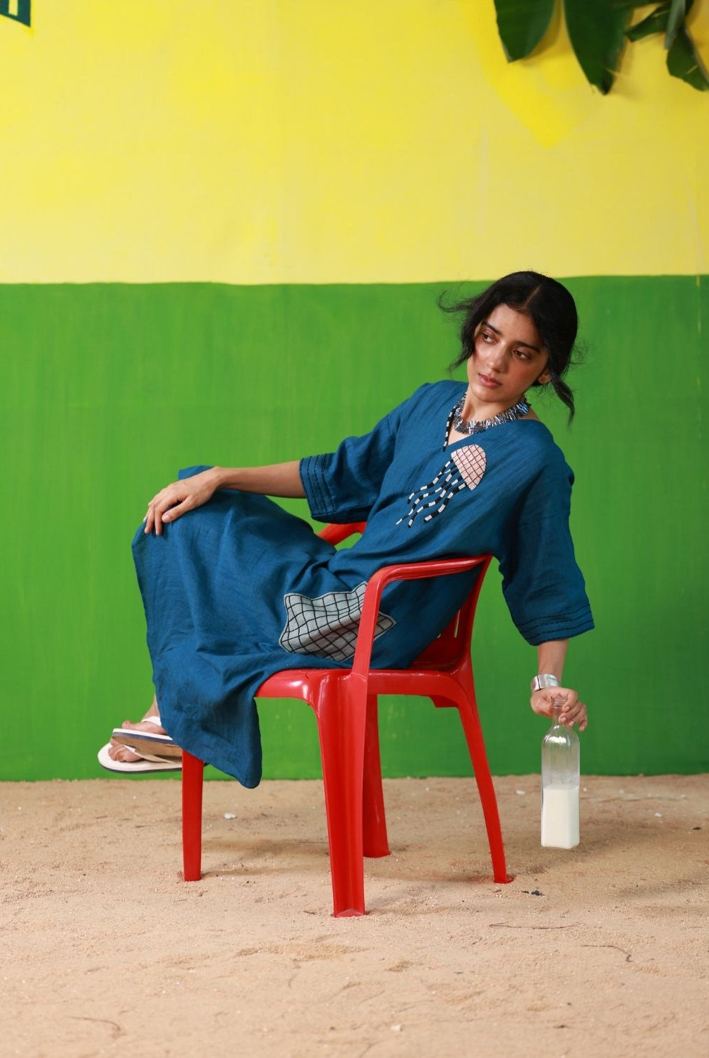 Winglore - Hand Embroidered Blue Linen Kaftan Dress - CiceroniDressesWinglore