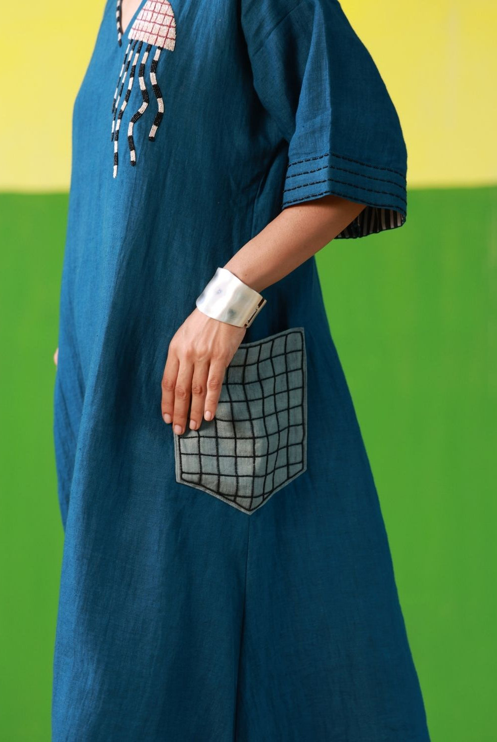 Winglore - Hand Embroidered Blue Linen Kaftan Dress - CiceroniDressesWinglore