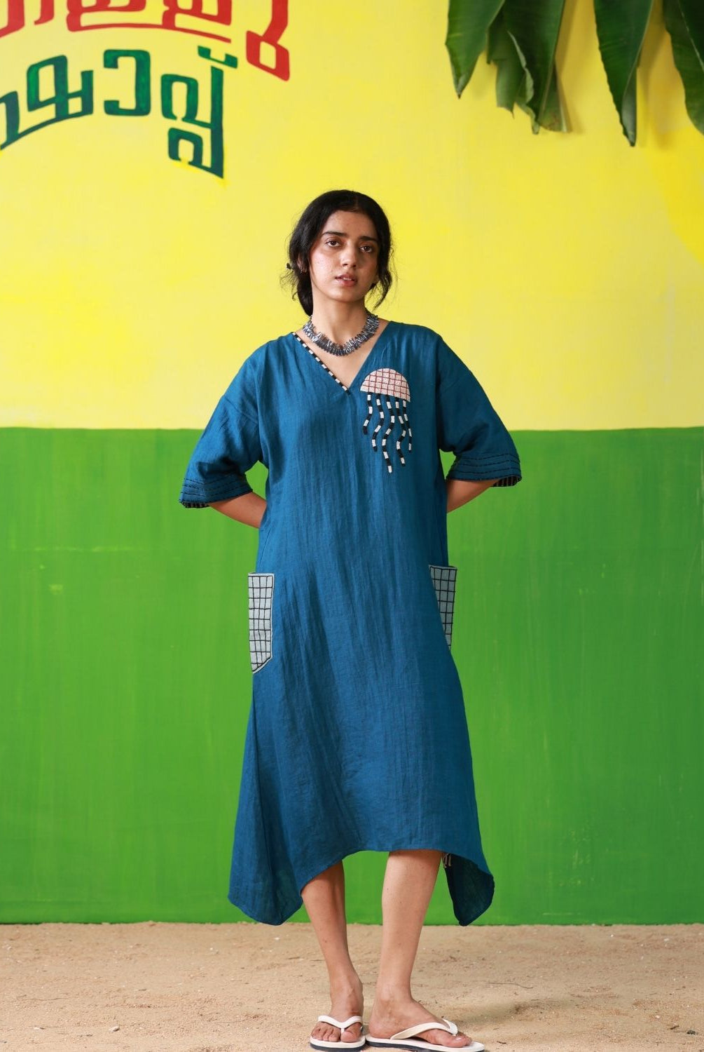 Winglore - Hand Embroidered Blue Linen Kaftan Dress - CiceroniDressesWinglore
