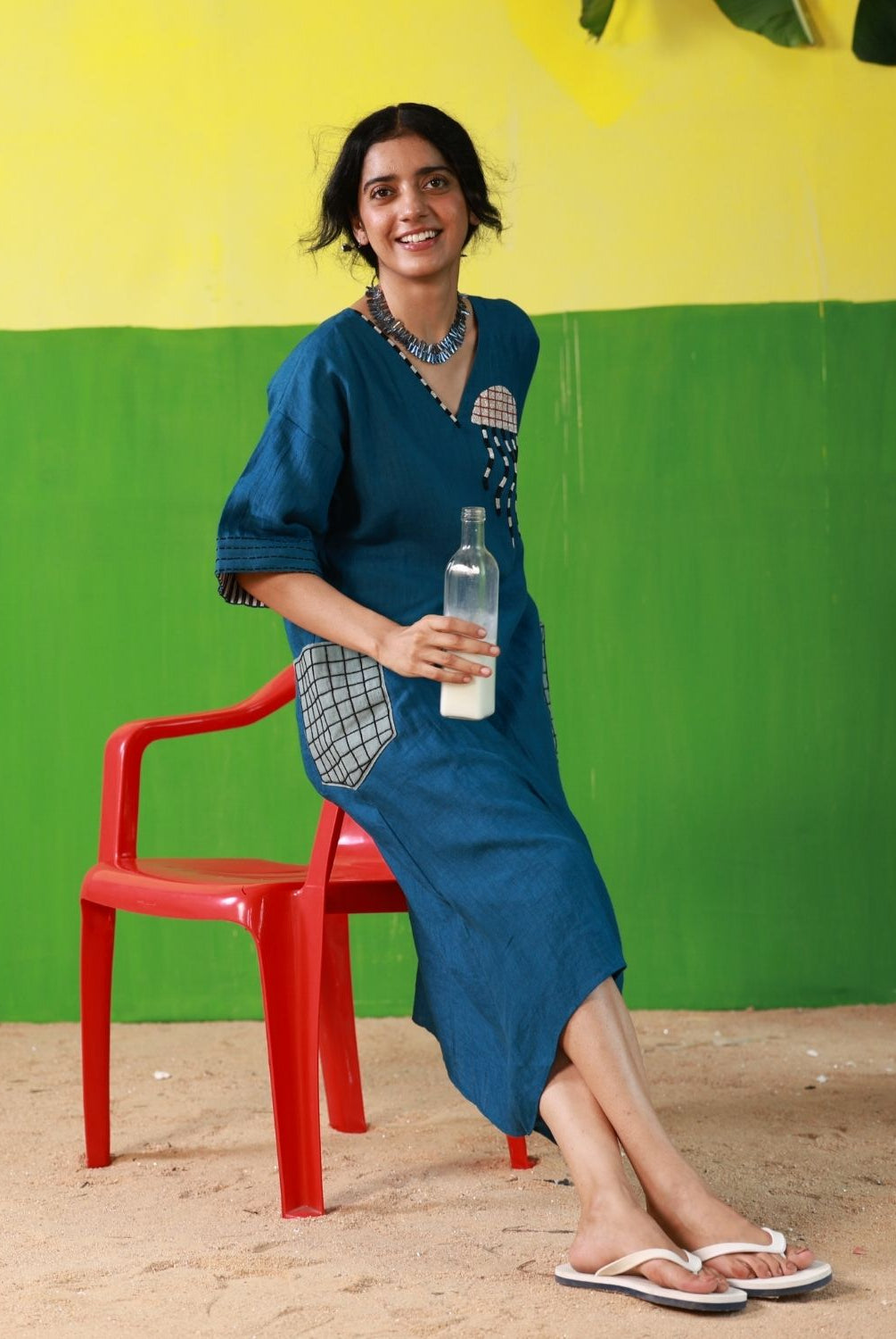Winglore - Hand Embroidered Blue Linen Kaftan Dress - CiceroniDressesWinglore