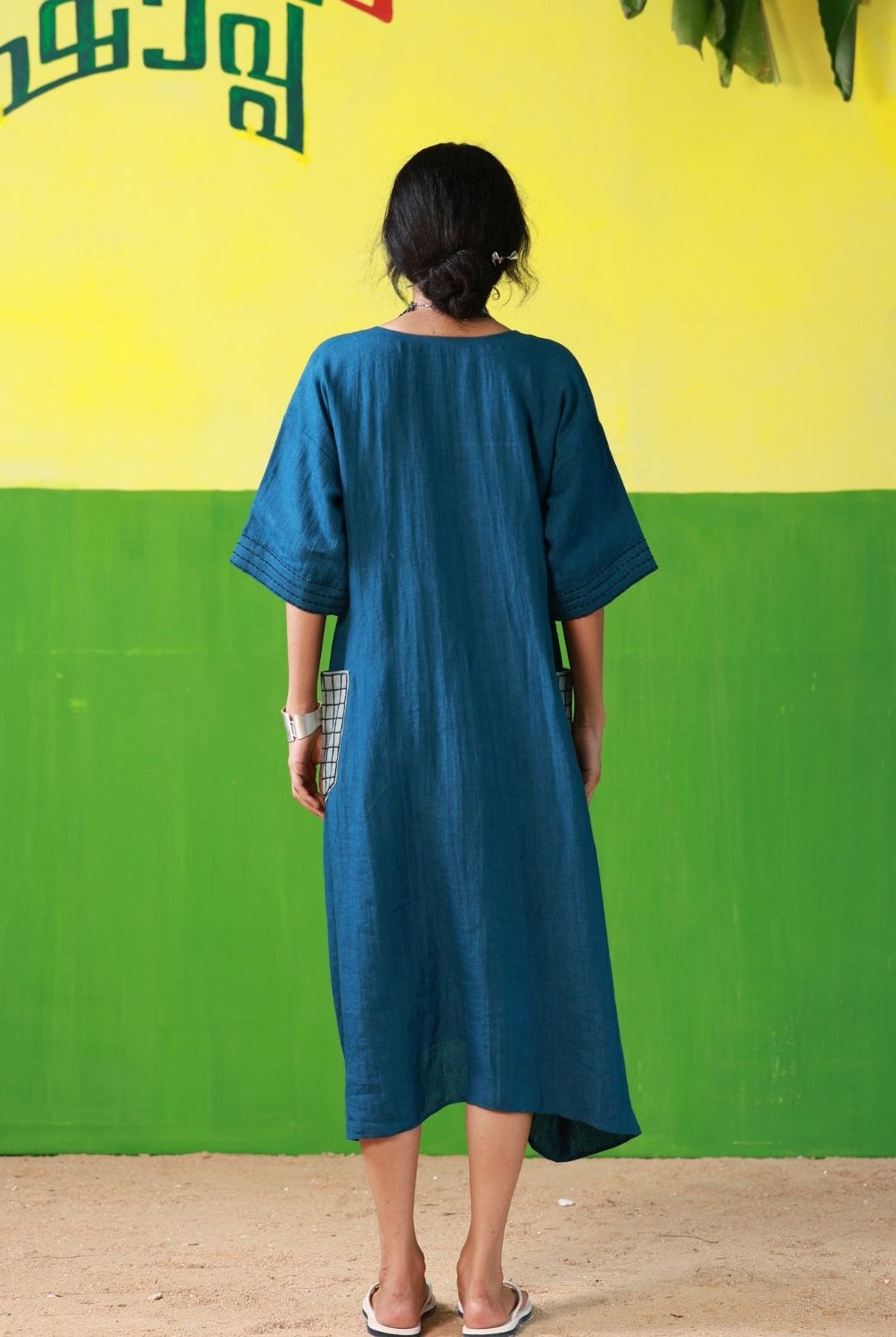Winglore - Hand Embroidered Blue Linen Kaftan Dress - CiceroniDressesWinglore