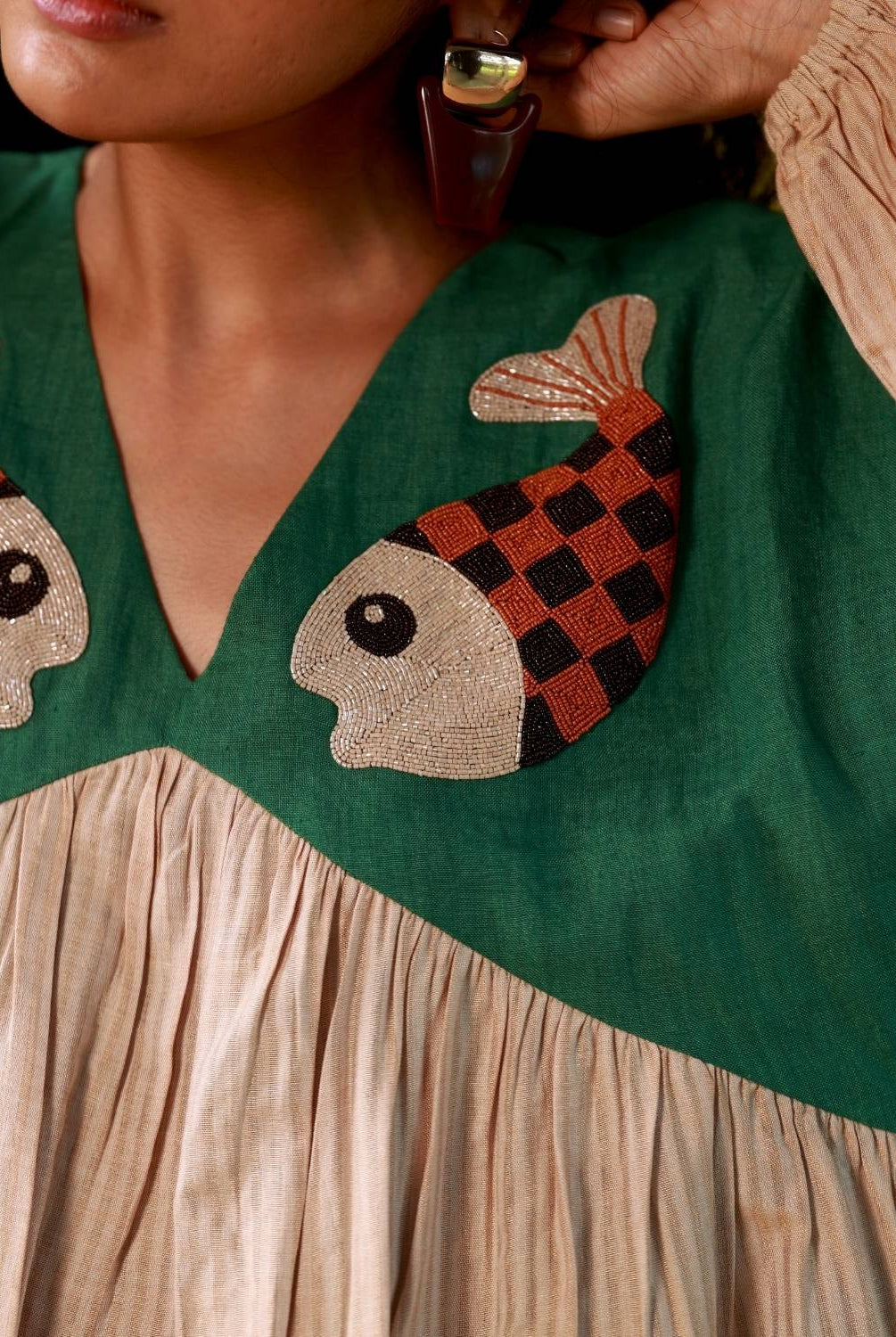 Winglore - Hand Embroidered Checkered Fish V-Neck Dress - CiceroniDressesWinglore