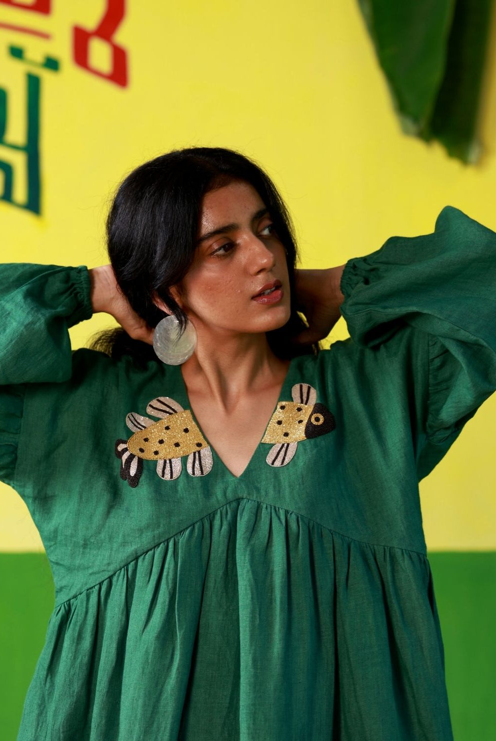 Winglore - Hand Embroidered Green Linen Fish V-Neck Dress - CiceroniDressWinglore