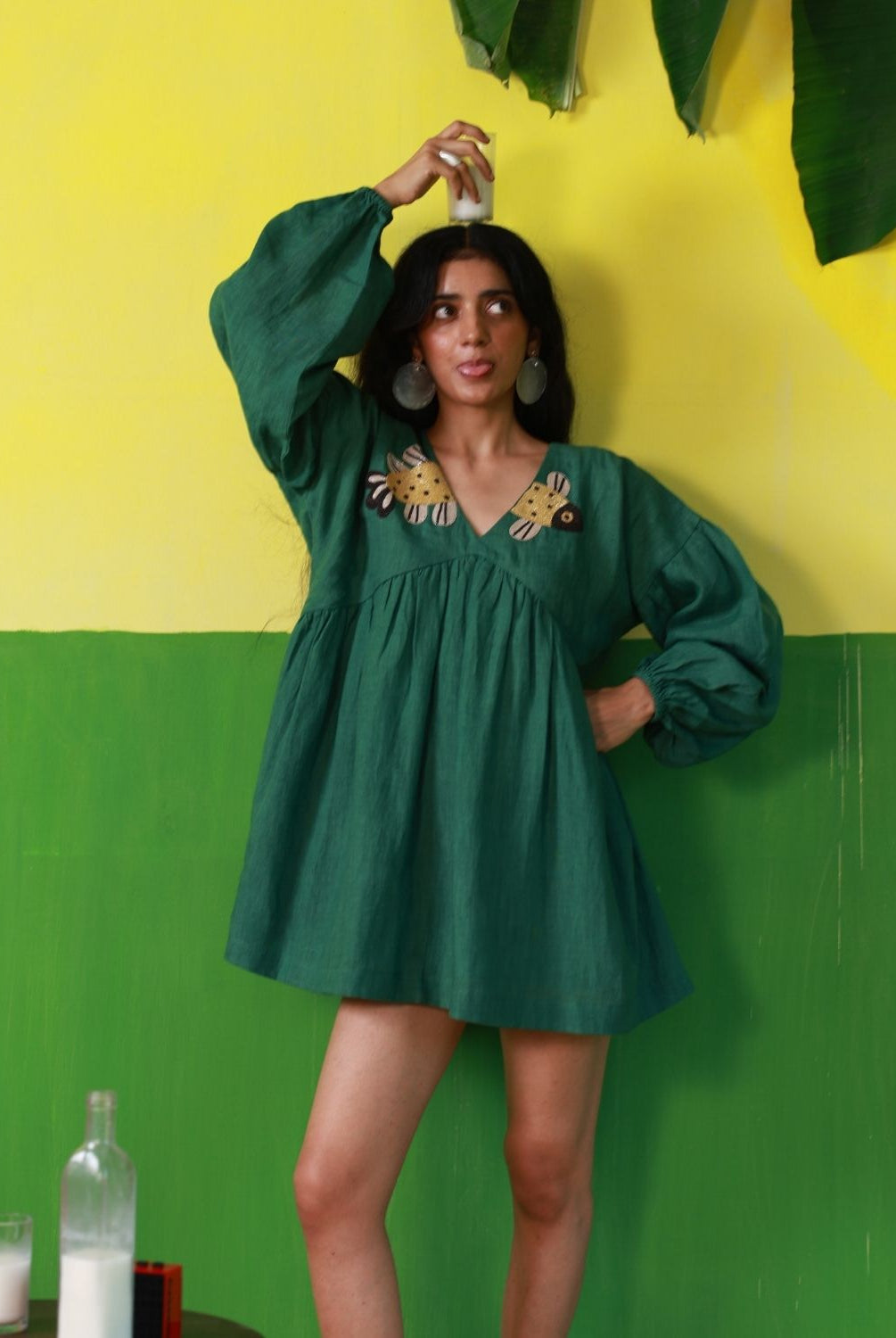 Winglore - Hand Embroidered Green Linen Fish V-Neck Dress - CiceroniDressWinglore