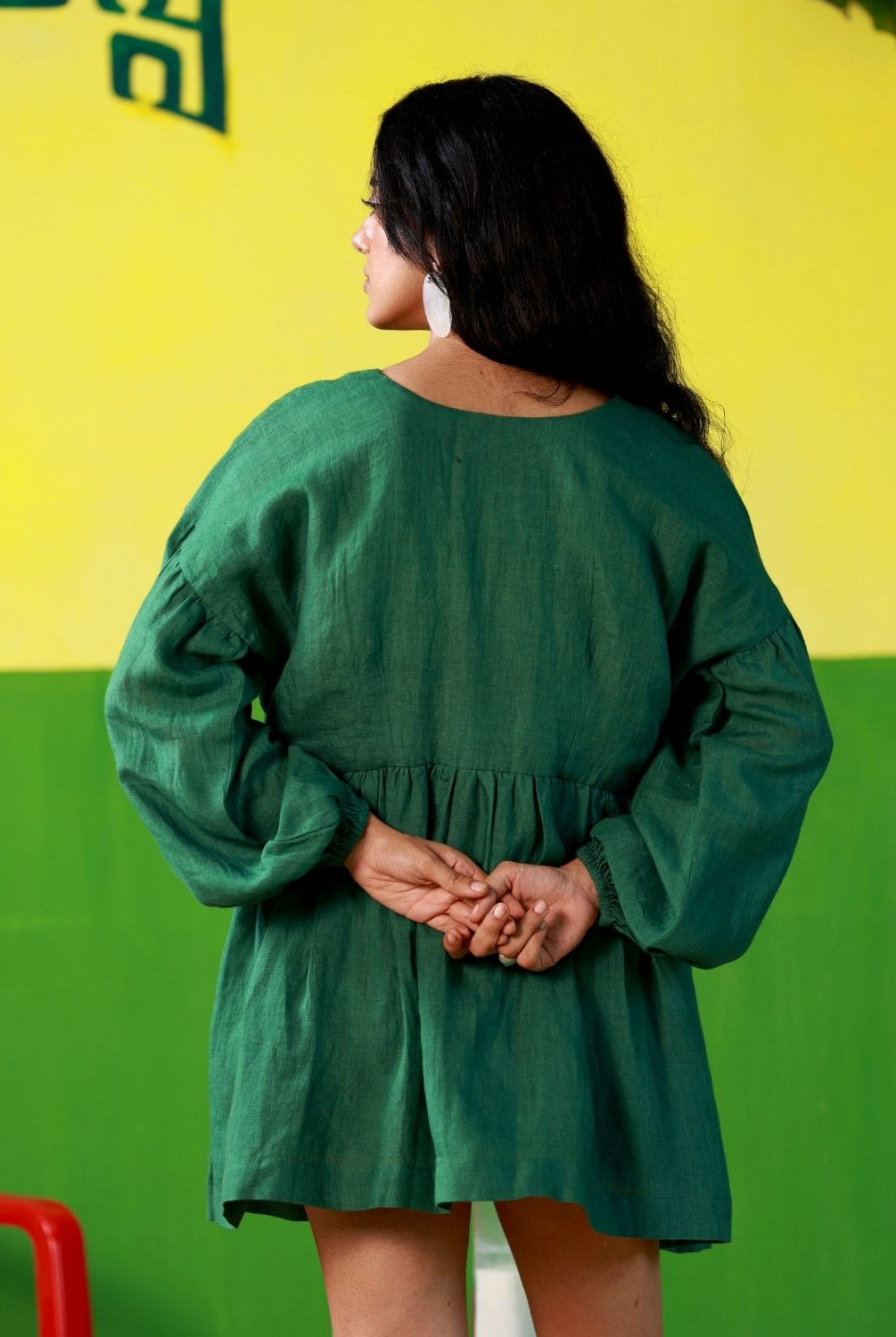 Winglore - Hand Embroidered Green Linen Fish V-Neck Dress - CiceroniDressWinglore