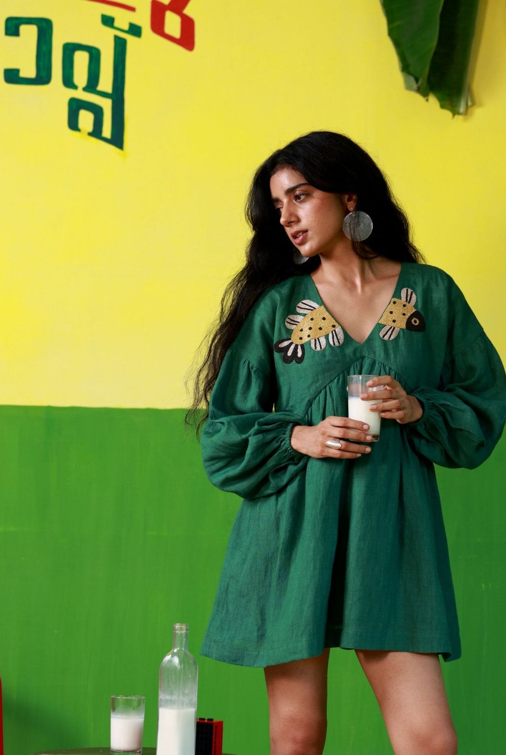 Winglore - Hand Embroidered Green Linen Fish V-Neck Dress - CiceroniDressWinglore