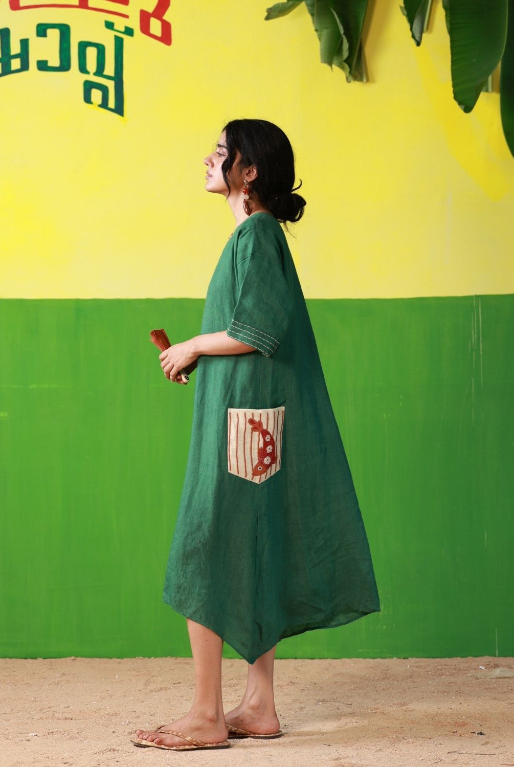 Winglore - Hand Embroidered Green Linen Kaftan Dress - CiceroniDressesWinglore