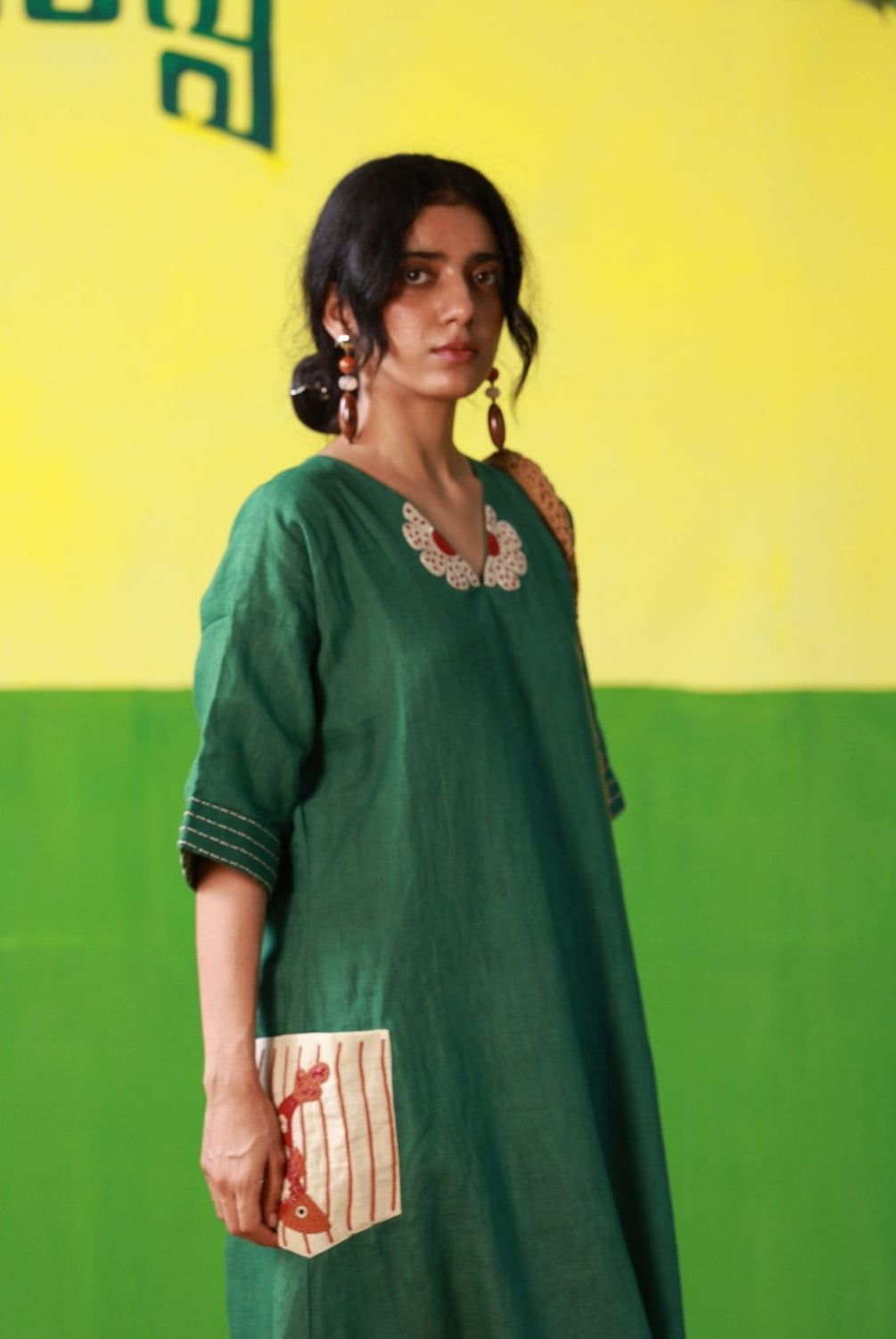 Winglore - Hand Embroidered Green Linen Kaftan Dress - CiceroniDressesWinglore