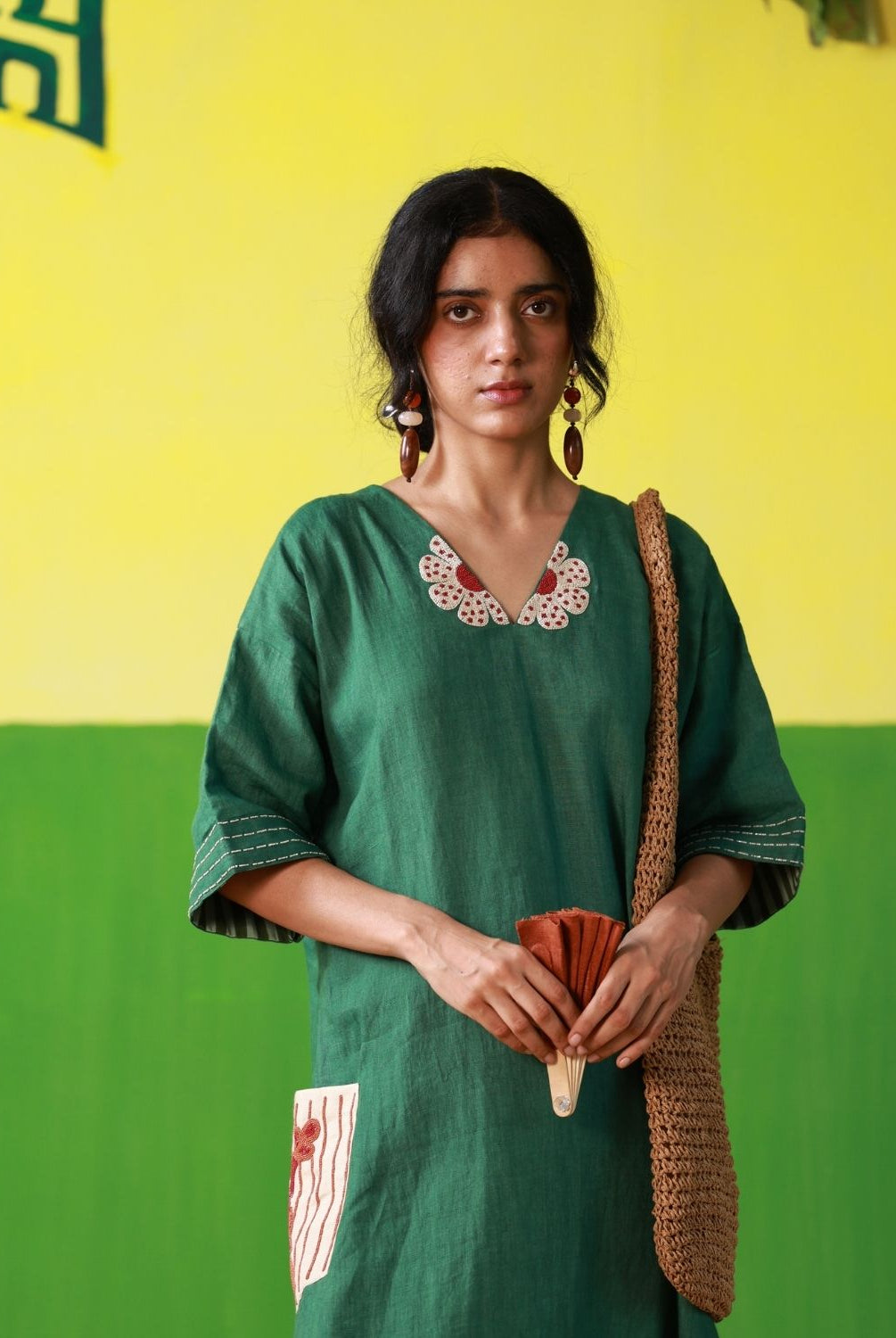 Winglore - Hand Embroidered Green Linen Kaftan Dress - CiceroniDressesWinglore